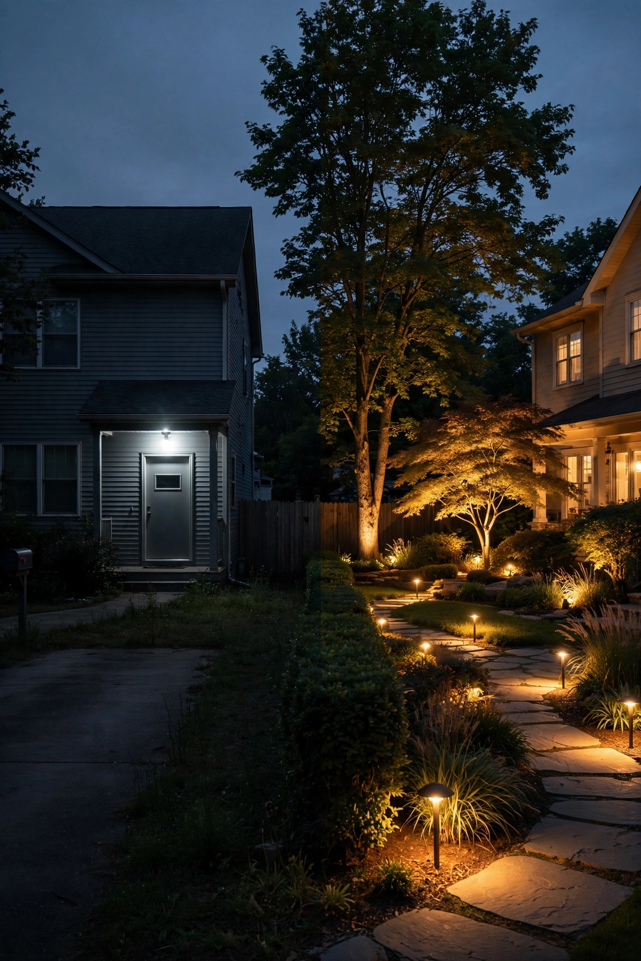 Dark suburban house lit by only one harsh porch light compared with a warmly layered multi-fixture landscape lighting design