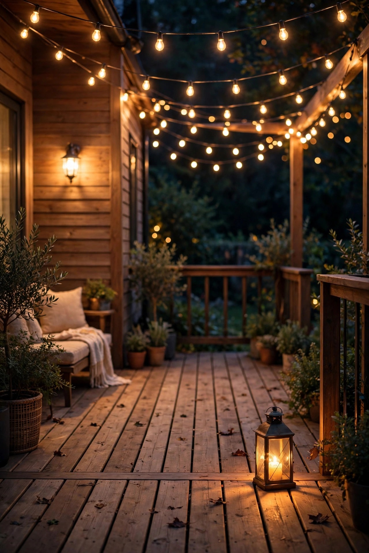 Wooden deck at night lit by gentle layered lighting instead of one harsh floodlight, warm string lights overhead, soft wall sconce glow and a lantern on the deck boards, relaxed evening mood