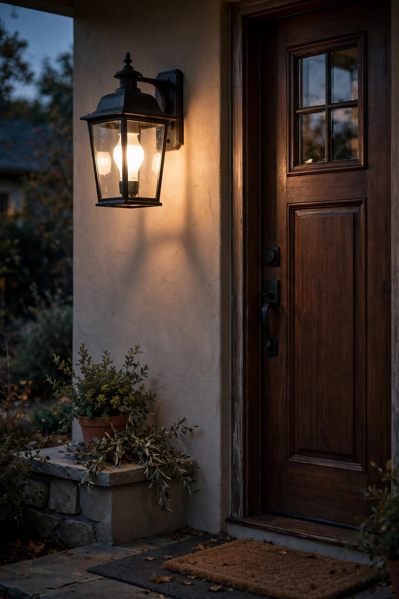 Porch lantern with a smart dimmable bulb glowing warm white beside a front door at dusk