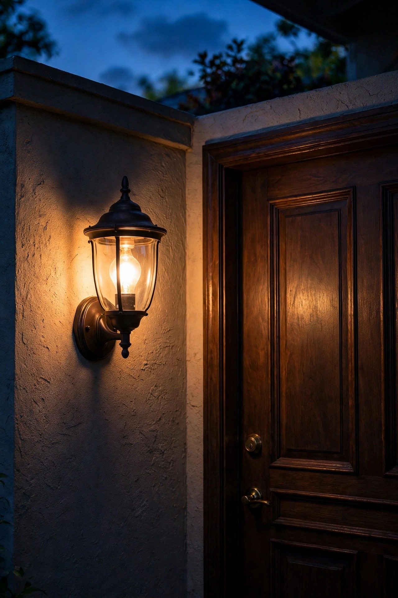 Hand swapping a smart LED bulb into an existing porch wall fixture at dusk, warm glow spilling onto the door