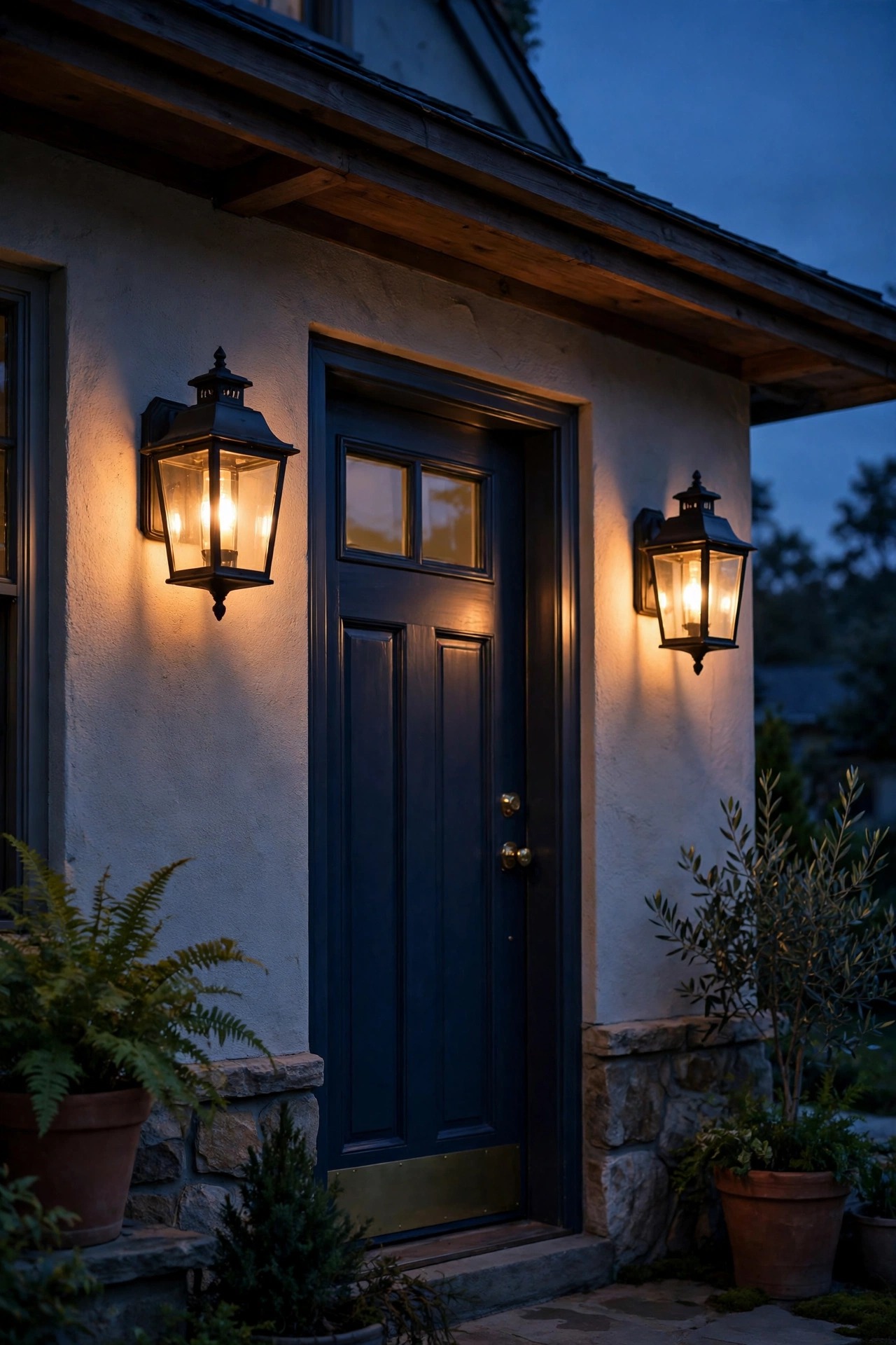 Pair of classic porch lantern sconces glowing warmly beside a front door, fitted with smart bulbs