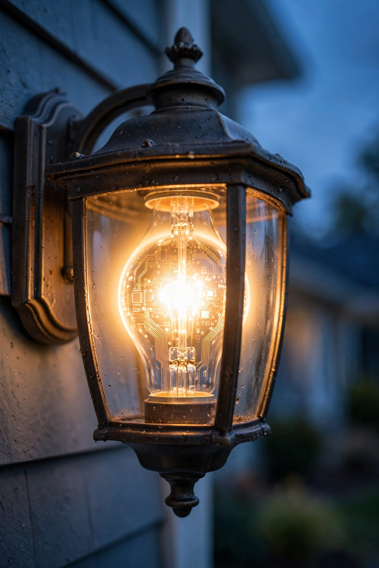 Close-up of a smart outdoor light bulb glowing warm in a porch sconce at dusk, illustrating smart outdoor lighting basics