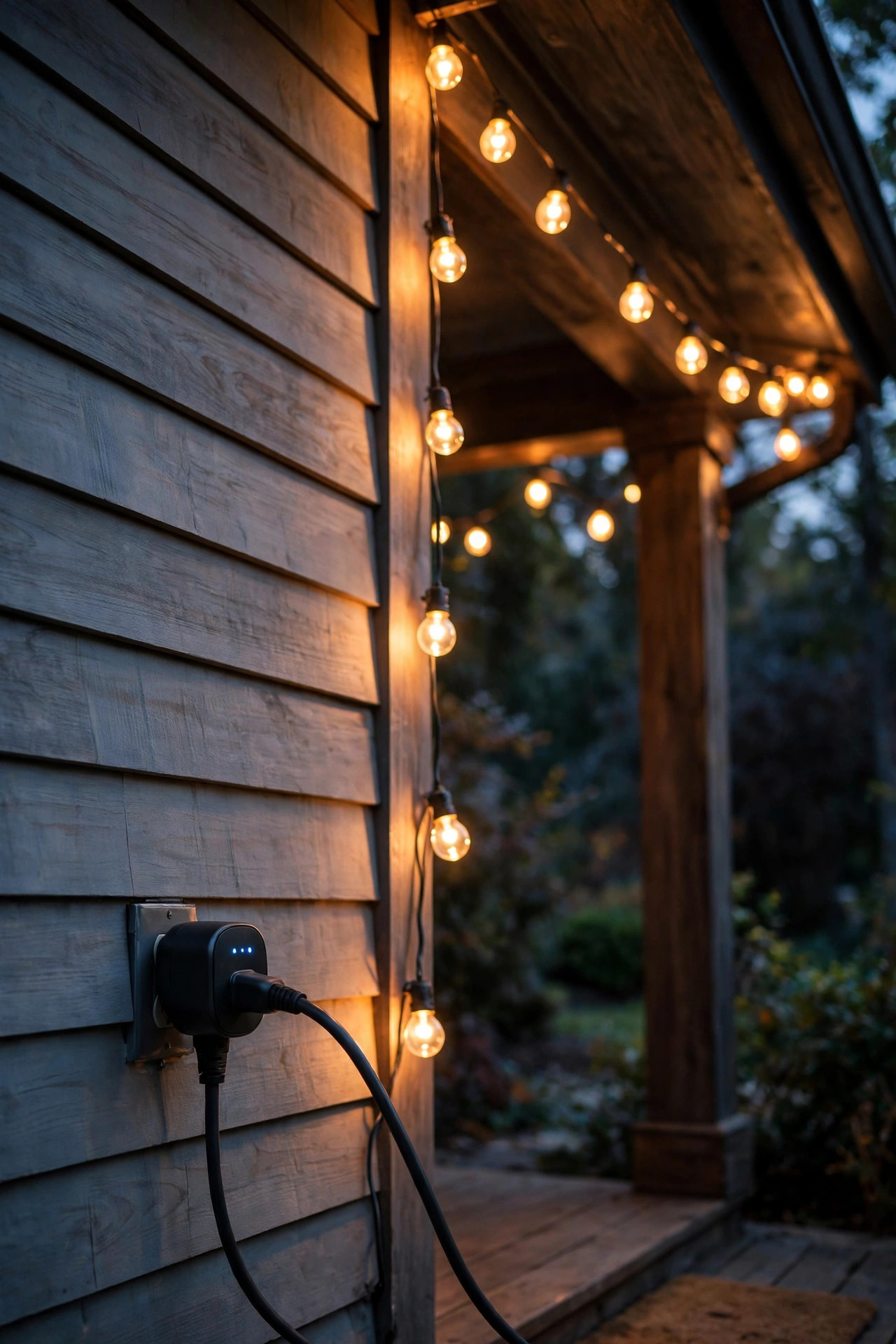 Outdoor smart plug on a house wall powering warm string lights along a front porch at dusk