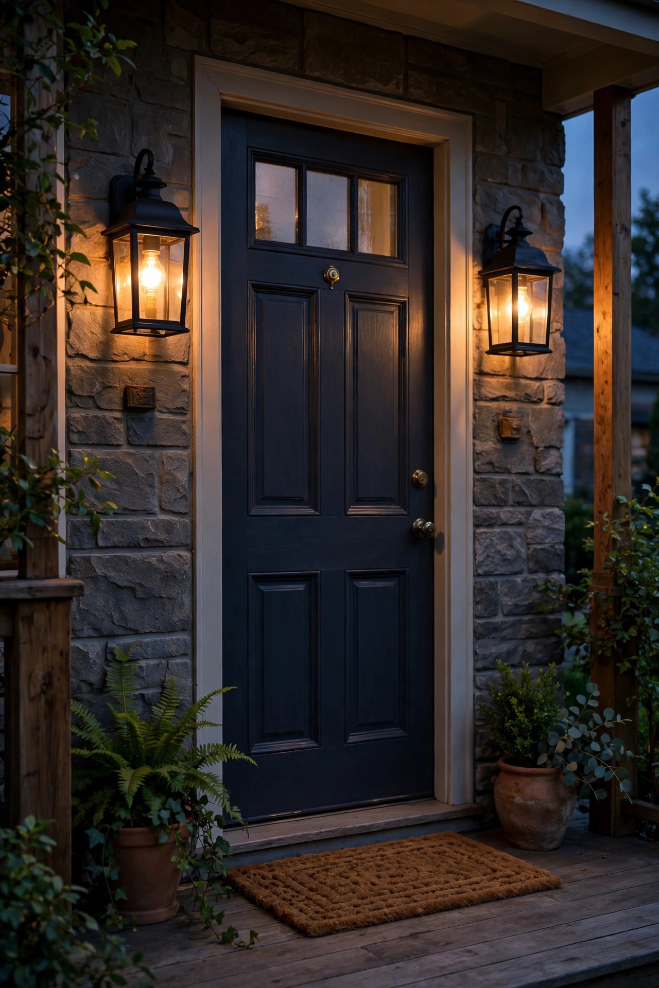 Photorealistic evening photo of a front porch with warm smart bulbs glowing inside classic lantern fixtures beside the front door