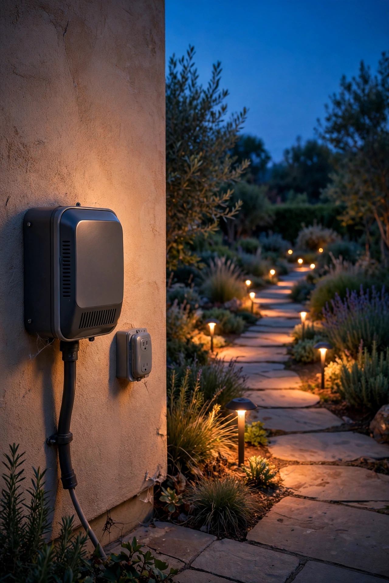 App-controlled low-voltage transformer mounted by a patio wall powering smart backyard lighting along a garden path at dusk