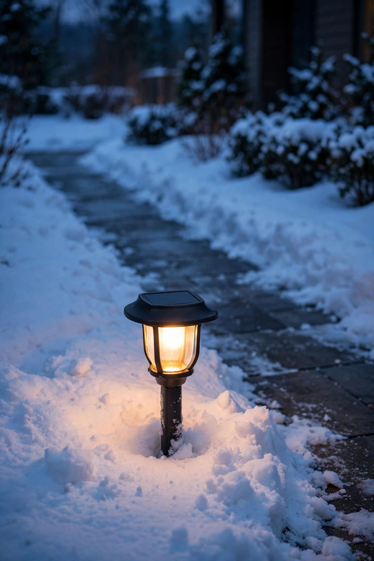Freshly brushed solar path light with a clean dark panel standing in deep snow beside a shoveled walkway at dusk