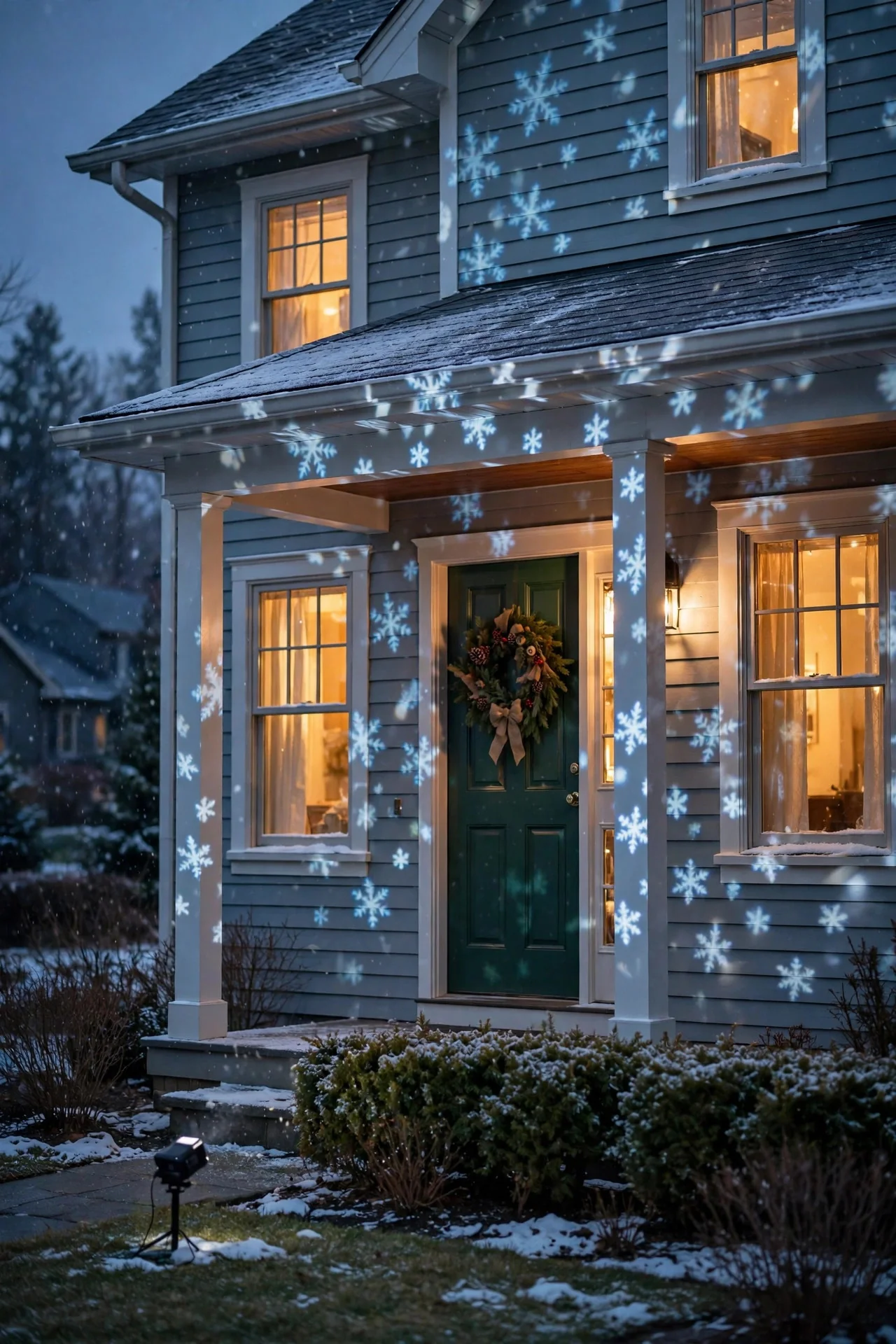 Gentle snowfall projection drifting down a home's facade on a winter evening