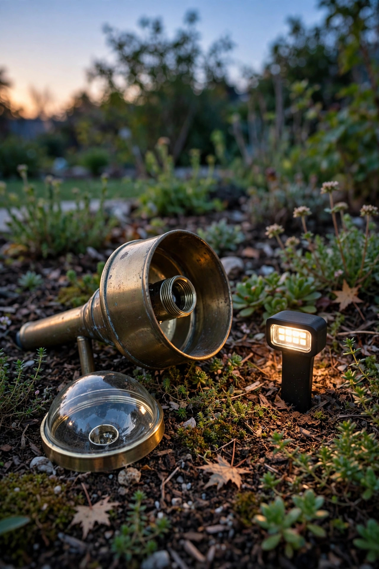 Brass replaceable bulb path light with its lens removed beside a small low-voltage LED lamp, ready for a two-minute bulb swap