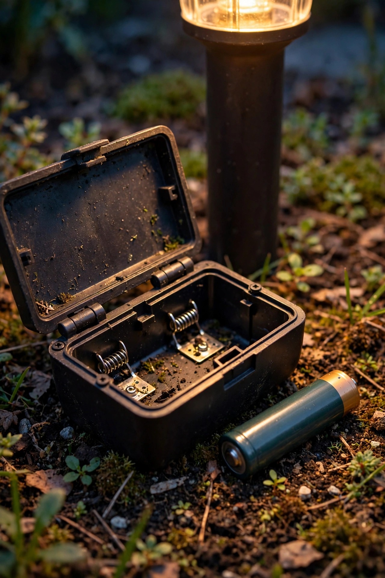 Close-up of an open solar path light battery compartment with a standard AA rechargeable cell beside a garden bed at dusk