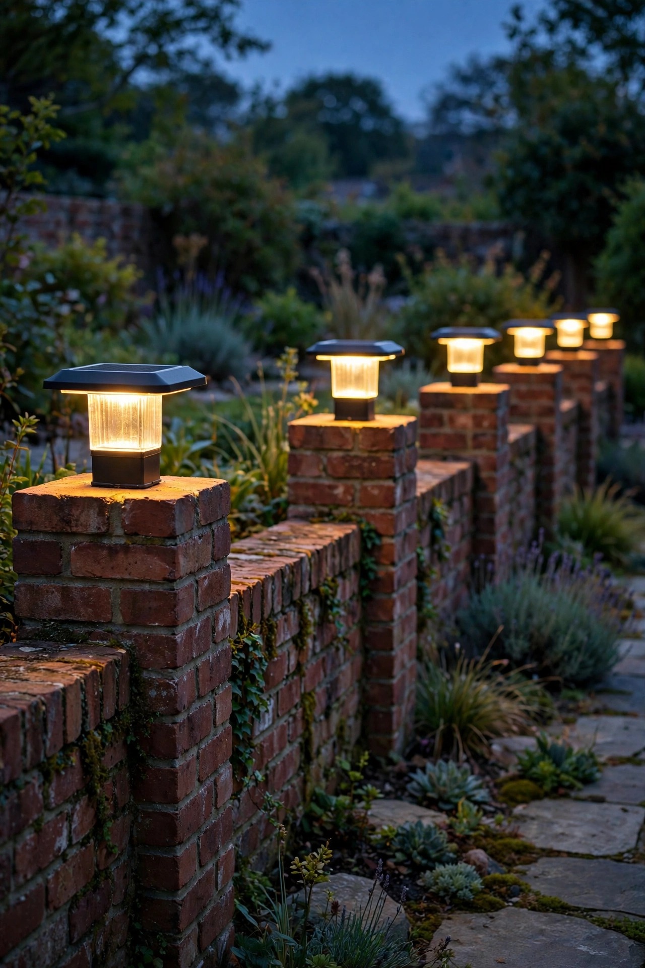 Solar cap lights glowing warmly on top of brick pillars along a low patio wall