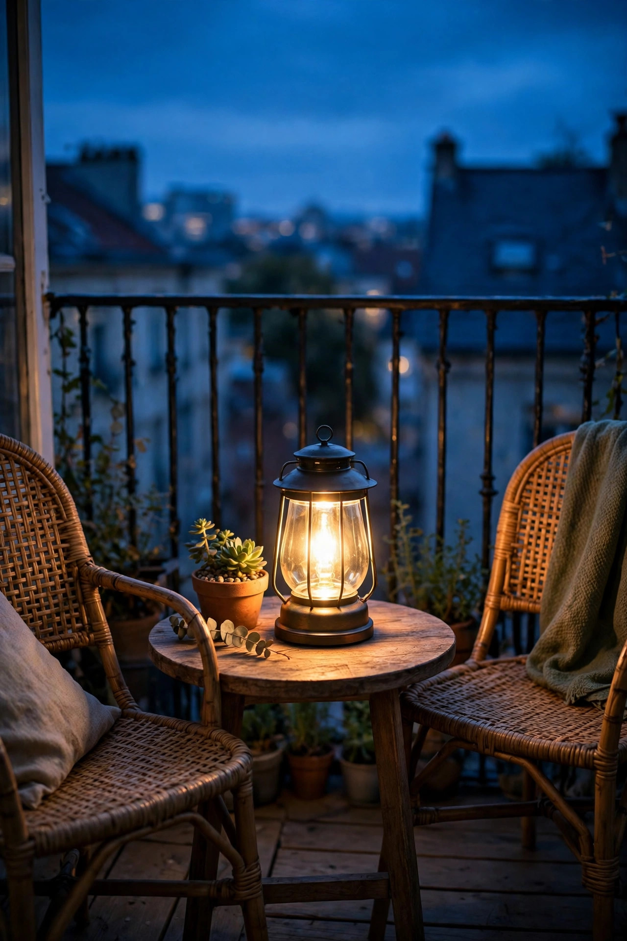 Solar lantern glowing warm on a small balcony side table between two chairs at dusk