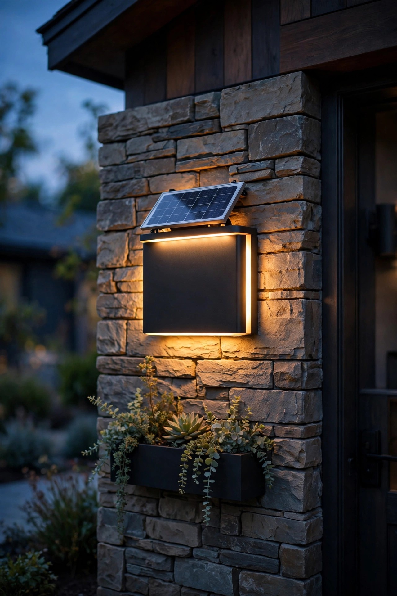 Solar-powered LED address plaque glowing on a front wall with the solar panel visible on top