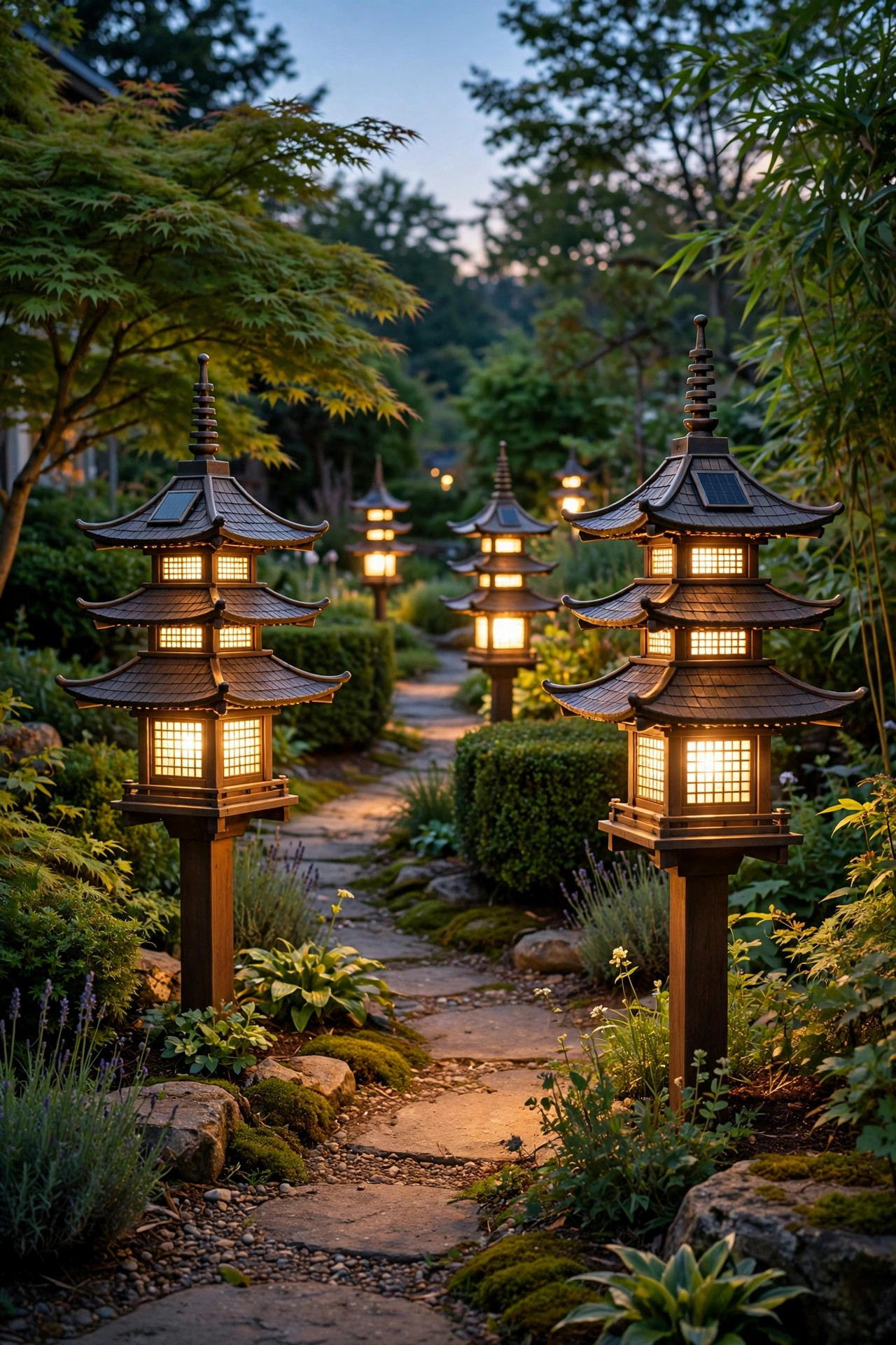 Solar pagoda path lights with tiered roofs glowing along a sunny garden path at twilight