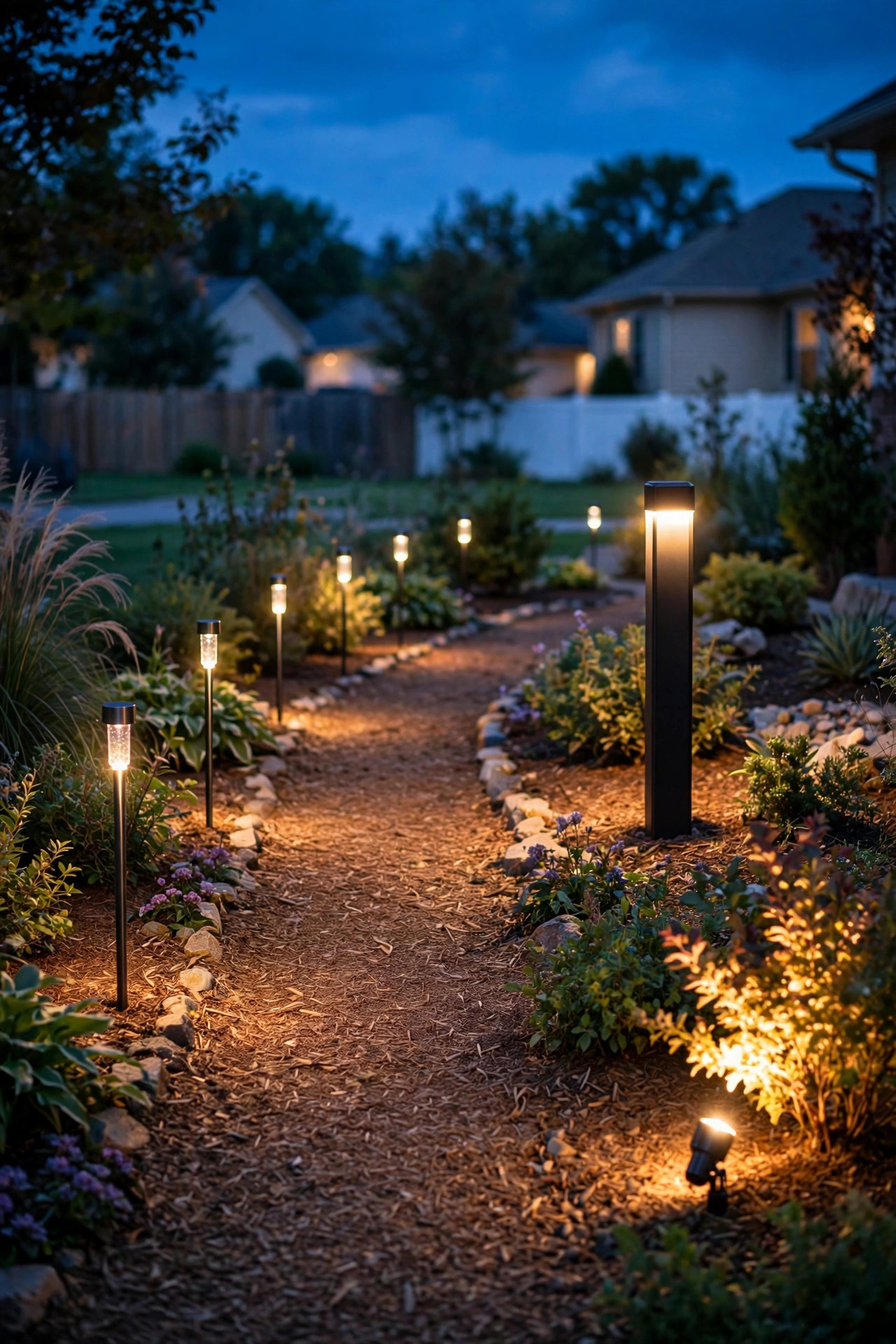 Comparison of solar path light types — stake lights, bollard, and solar spotlight — along a garden path