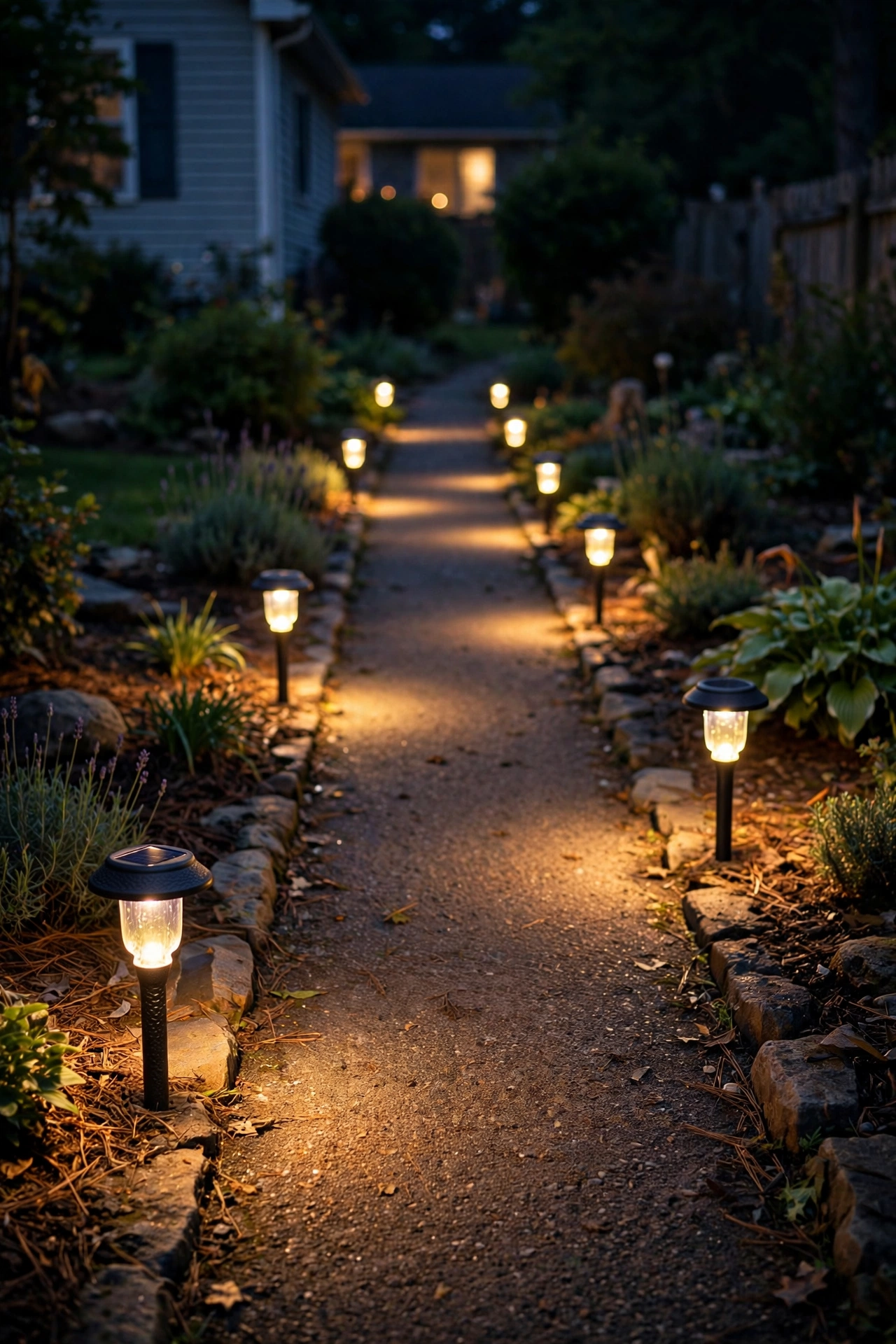 Solar path lights staggered along a garden walkway glowing warm white at night