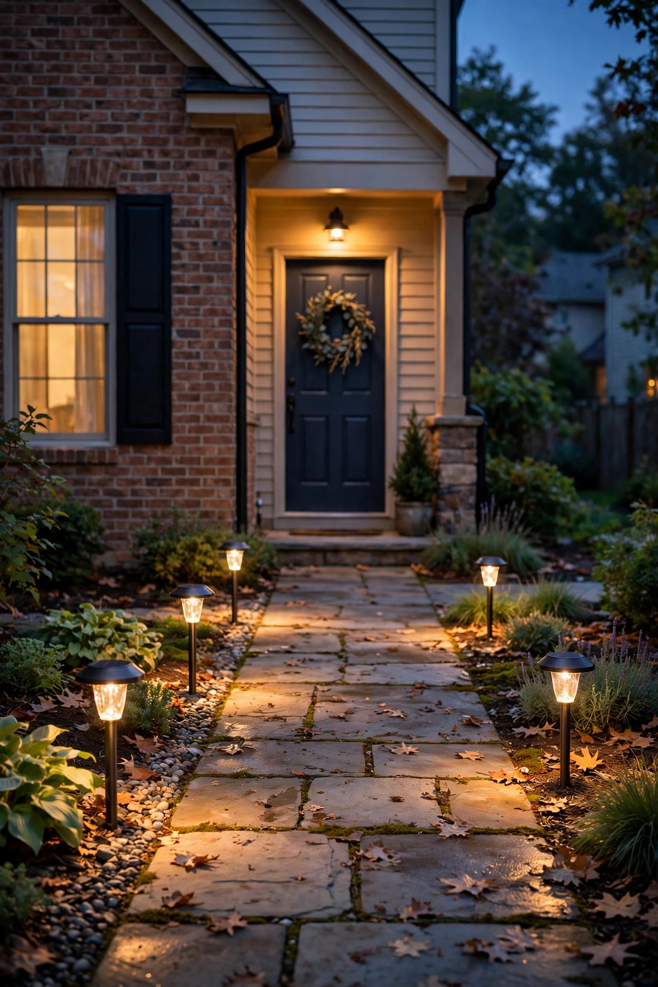 Solar path lights glowing warm white along a front walkway at night, staggered pools of light leading from the street to a dark house during a blackout