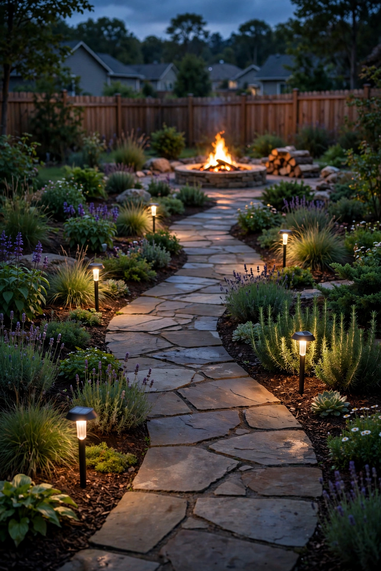Solar path stakes glowing warm white along a garden walkway leading to a fire pit
