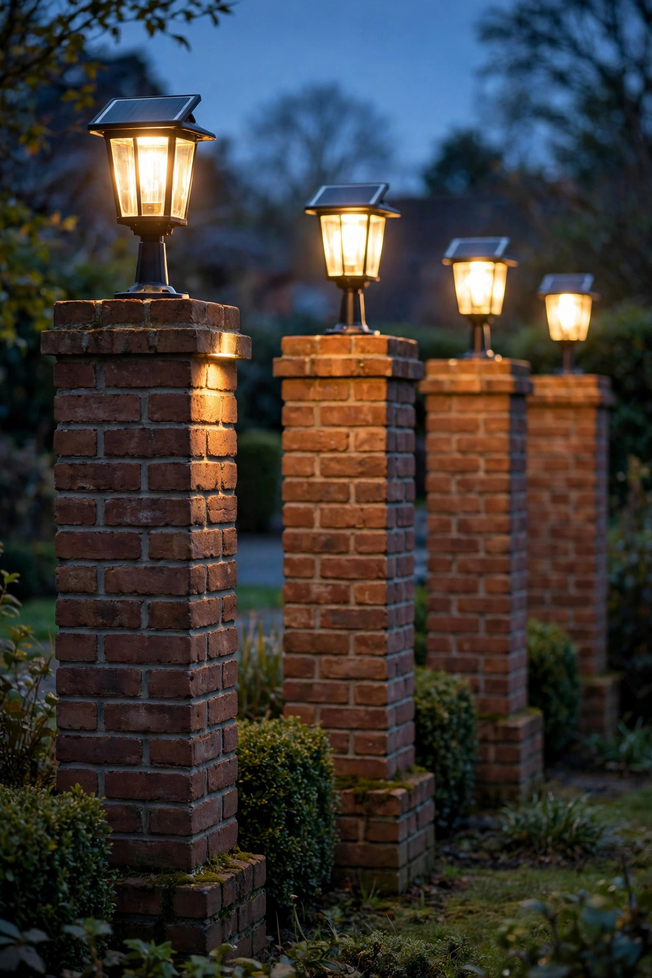 Solar pier mount post lights glowing on brick columns without wiring