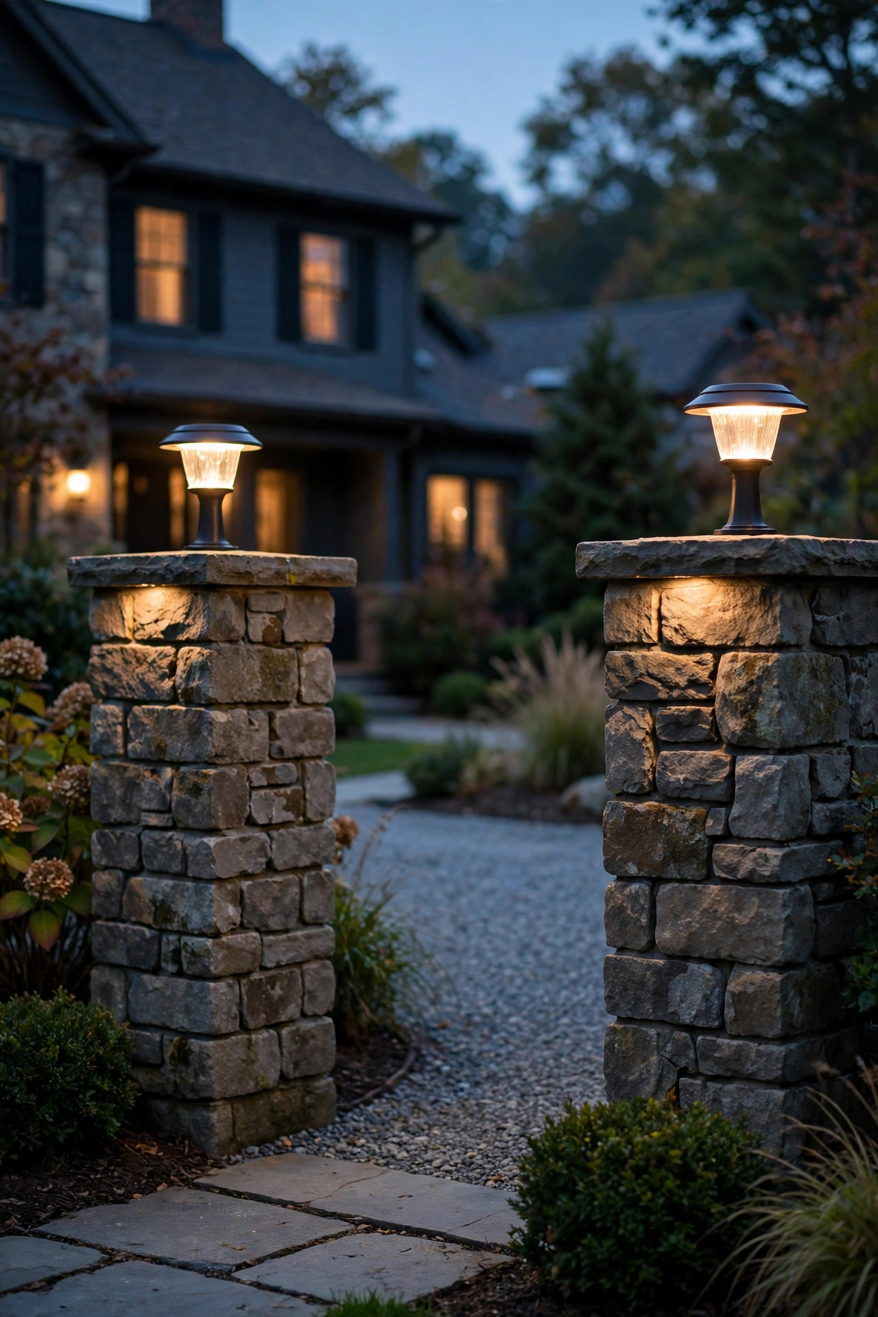 Stone driveway pillars fitted with solar cap lights glowing softly at dusk, no visible wiring