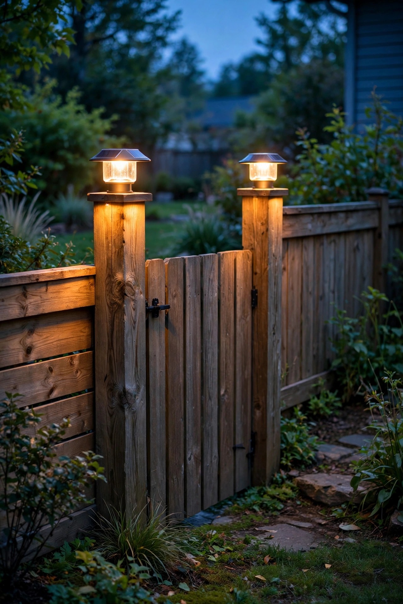 Solar post cap lights glowing warm on both wooden gate posts of a side yard fence at twilight