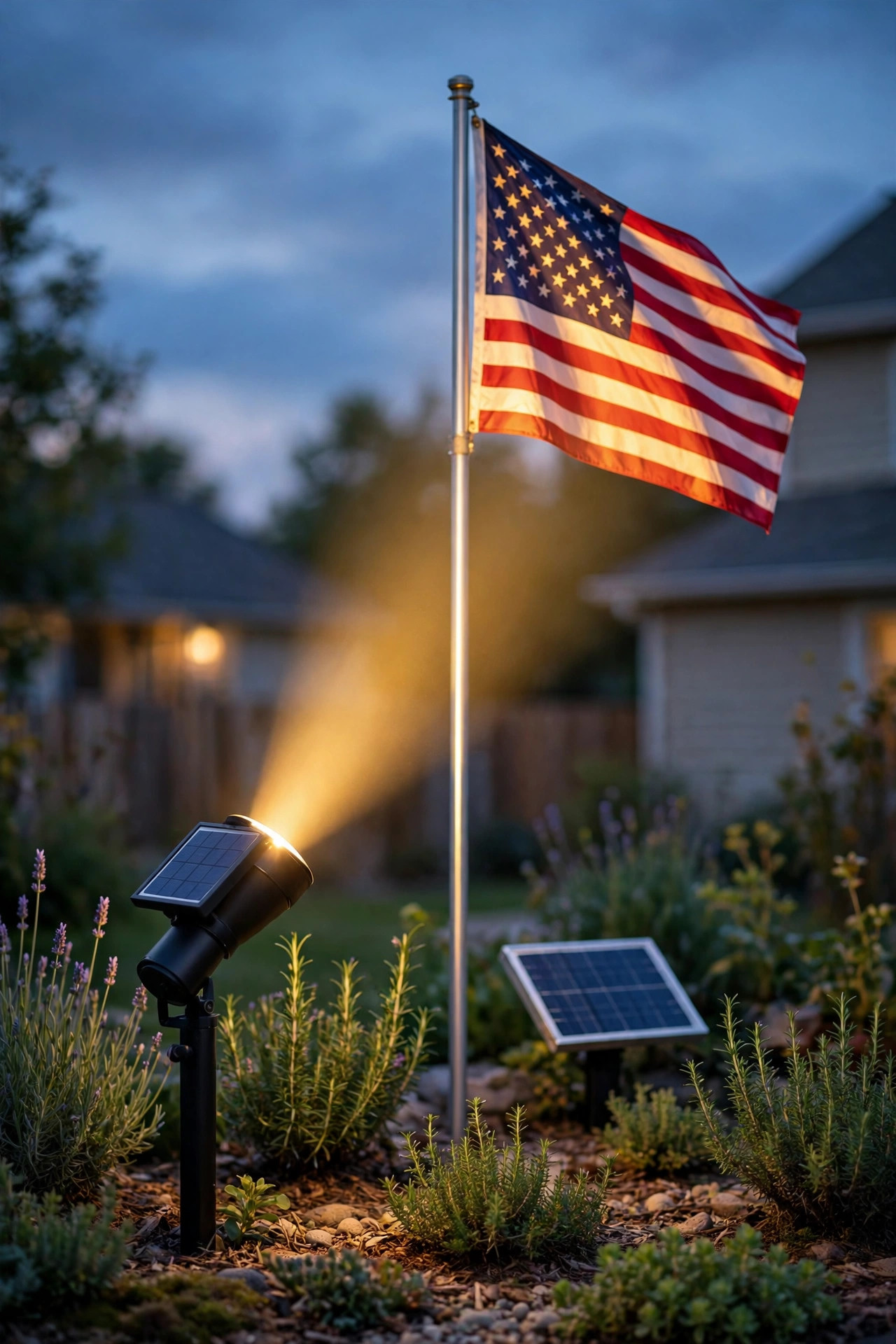 Solar spotlight staked in a garden bed aimed up at an American flag on a pole, small solar panel angled toward the evening sky