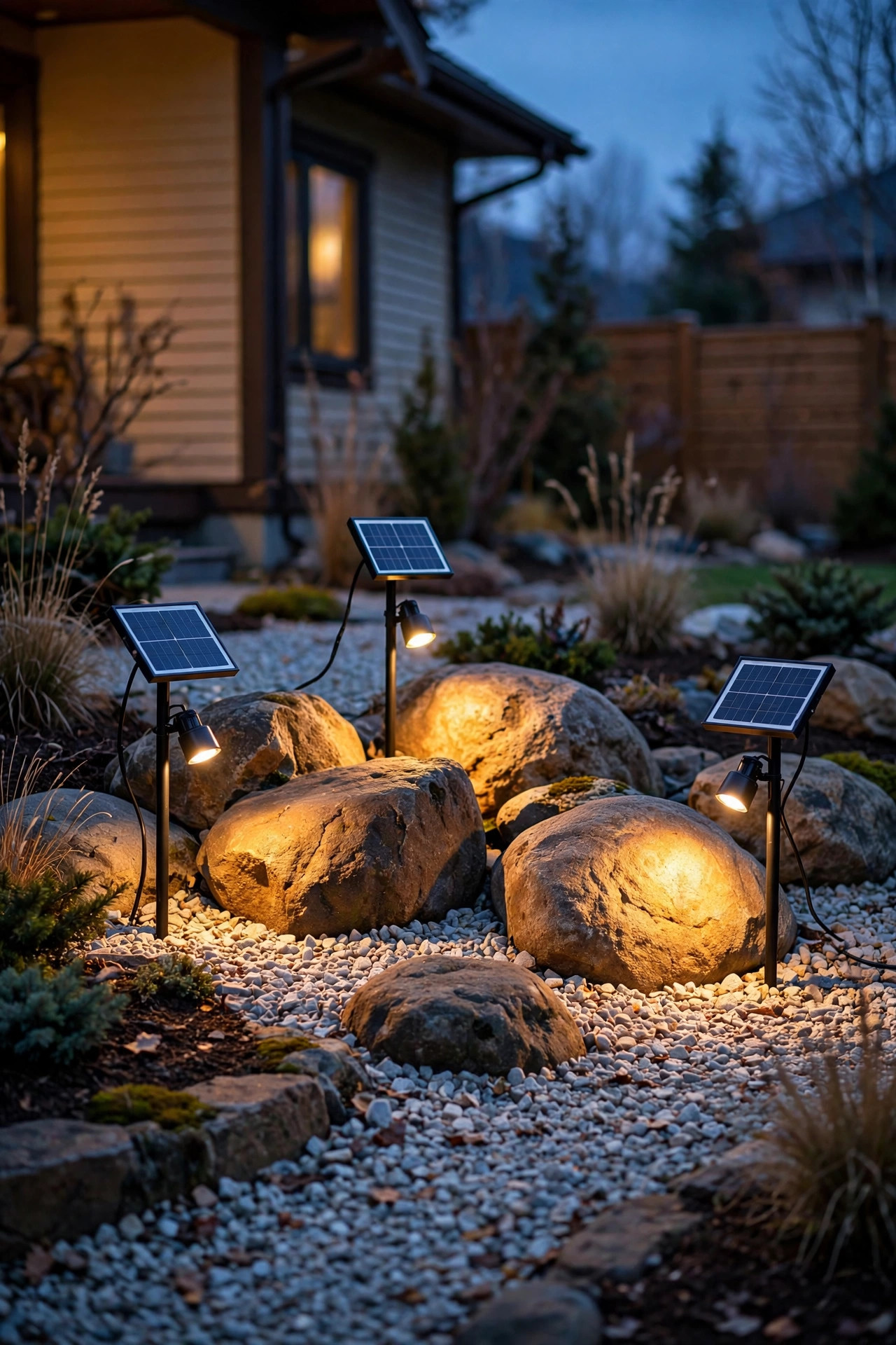 Solar spotlights with separate panels casting warm light across mid-size boulders in a gravel rock garden