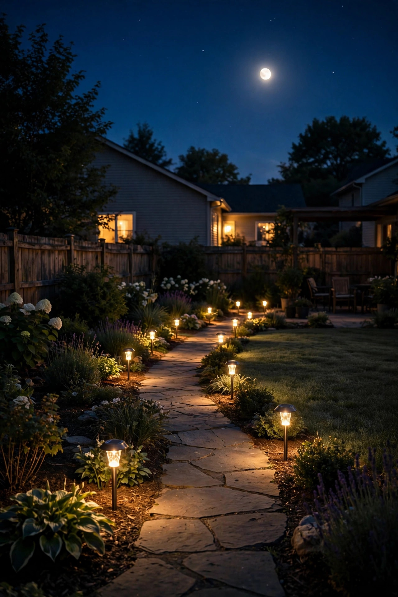 Solar stake lights glowing warmly along a garden walkway at night