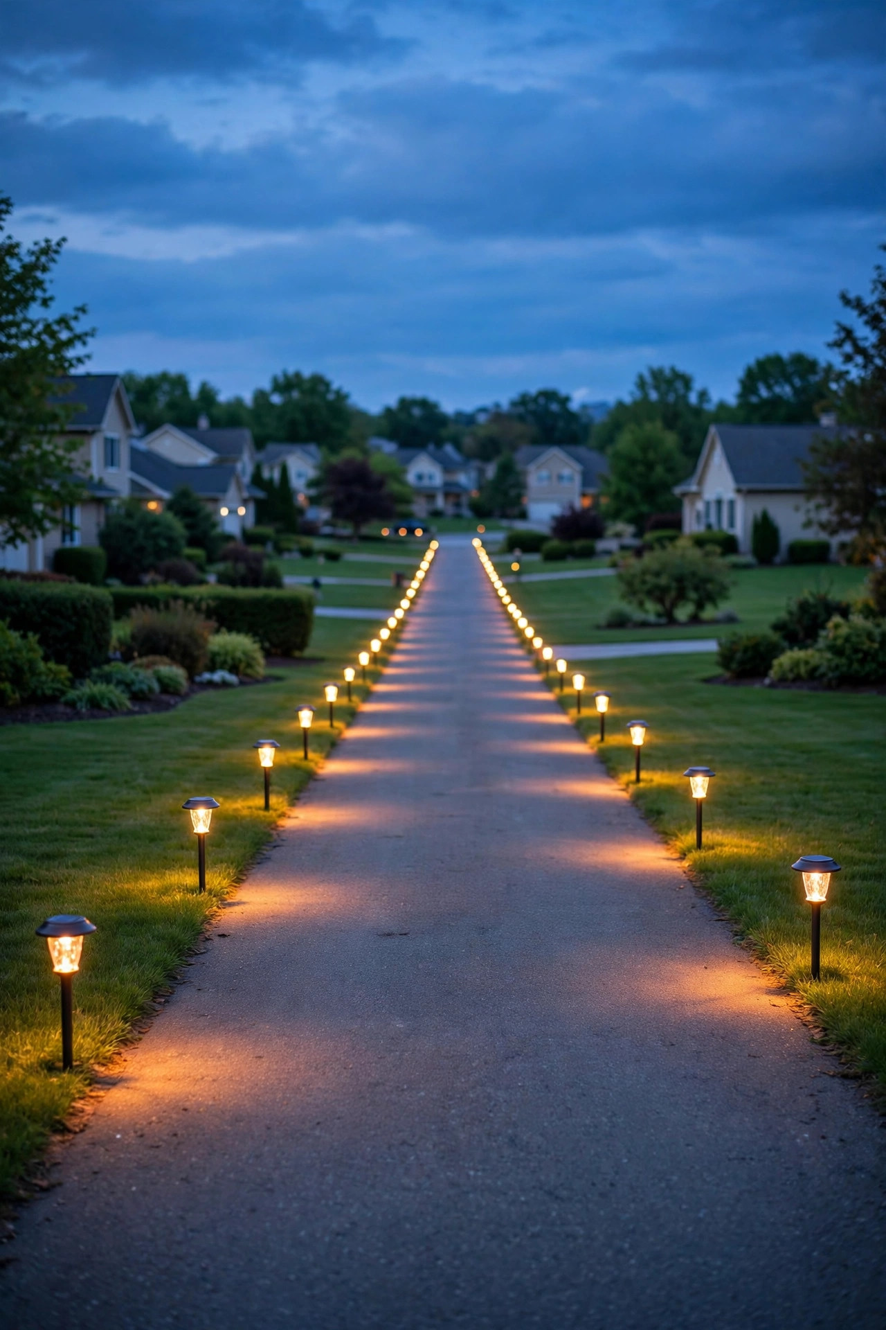 Warm solar stake lights lining a garden edge in a backyard at twilight