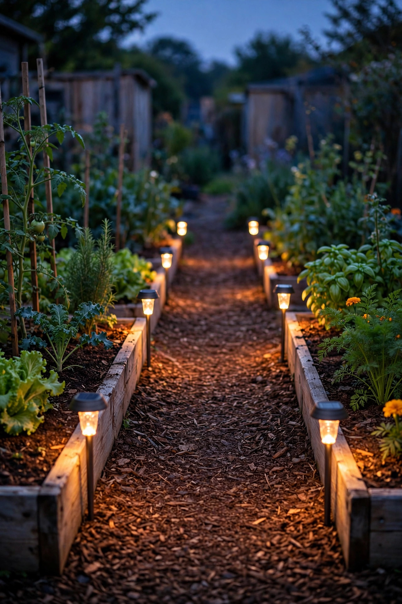 Warm solar stake lights lining a mulched path between two raised vegetable beds at dusk