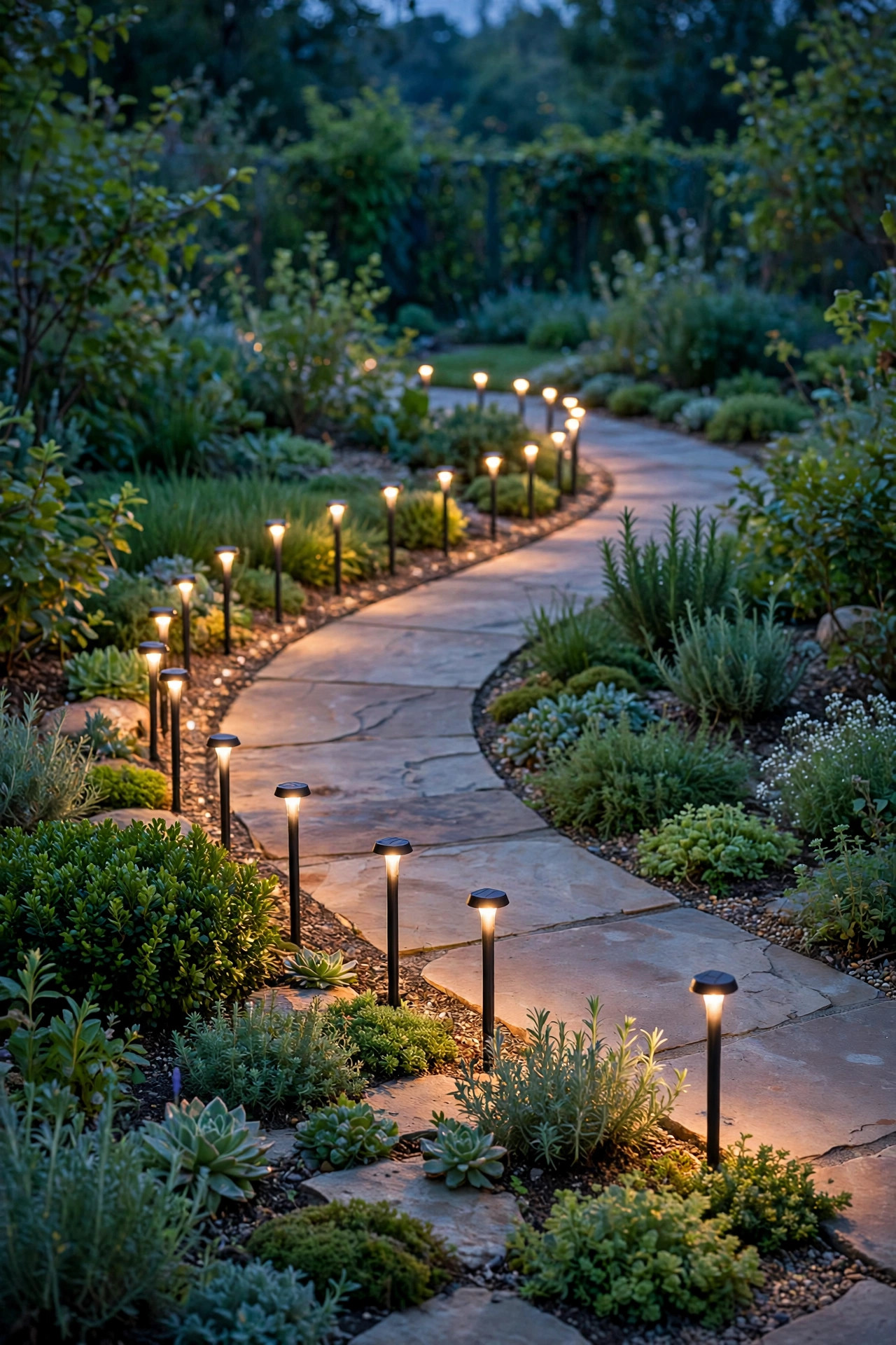 Slim solar stake lights tracing the inside edge of a curved garden path surrounded by low green plantings at twilight