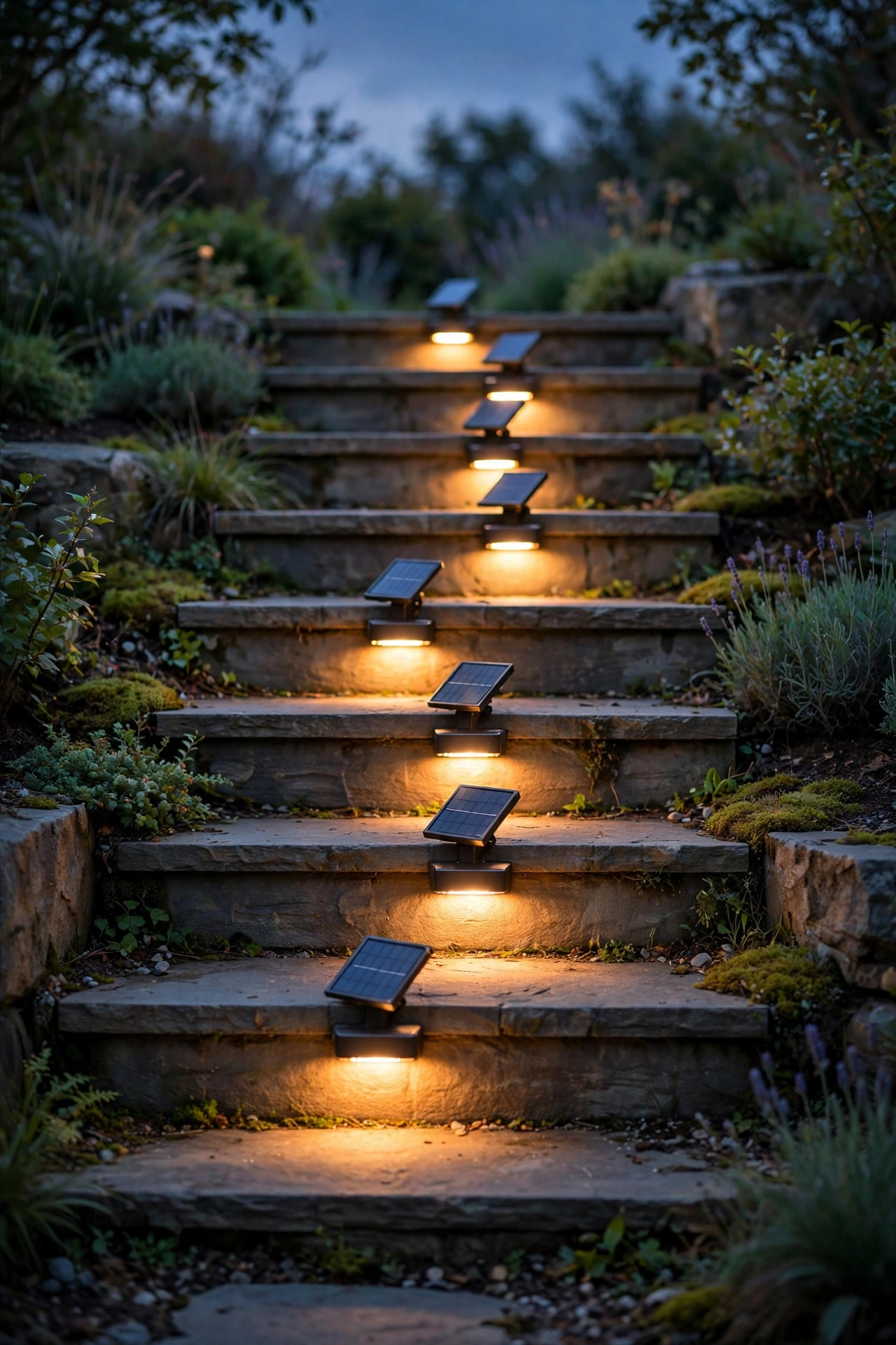 Solar surface mount step lights glowing on garden steps at dusk with small panels angled toward the sky