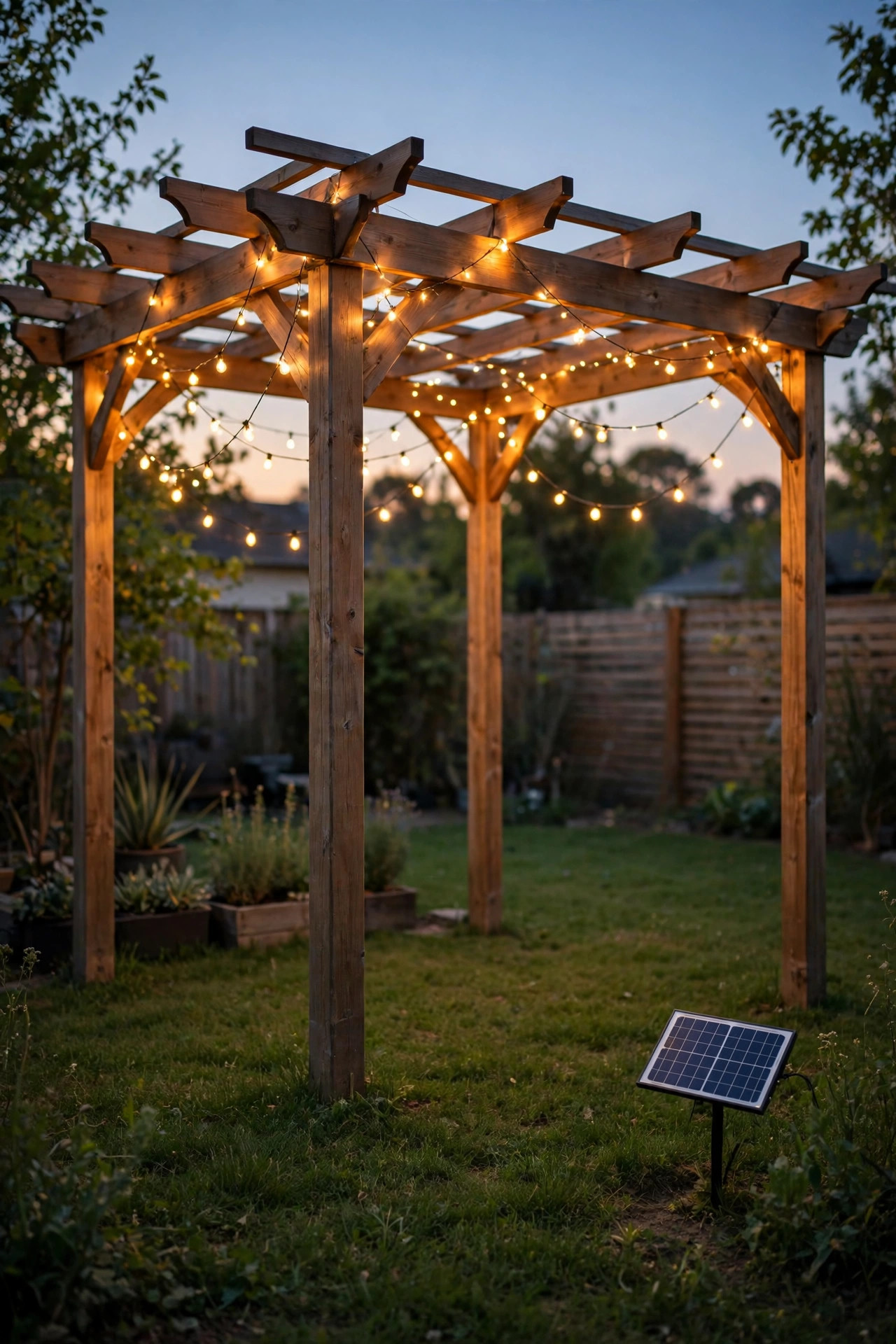 Solar string lights draped over a cozy patio seating area at twilight