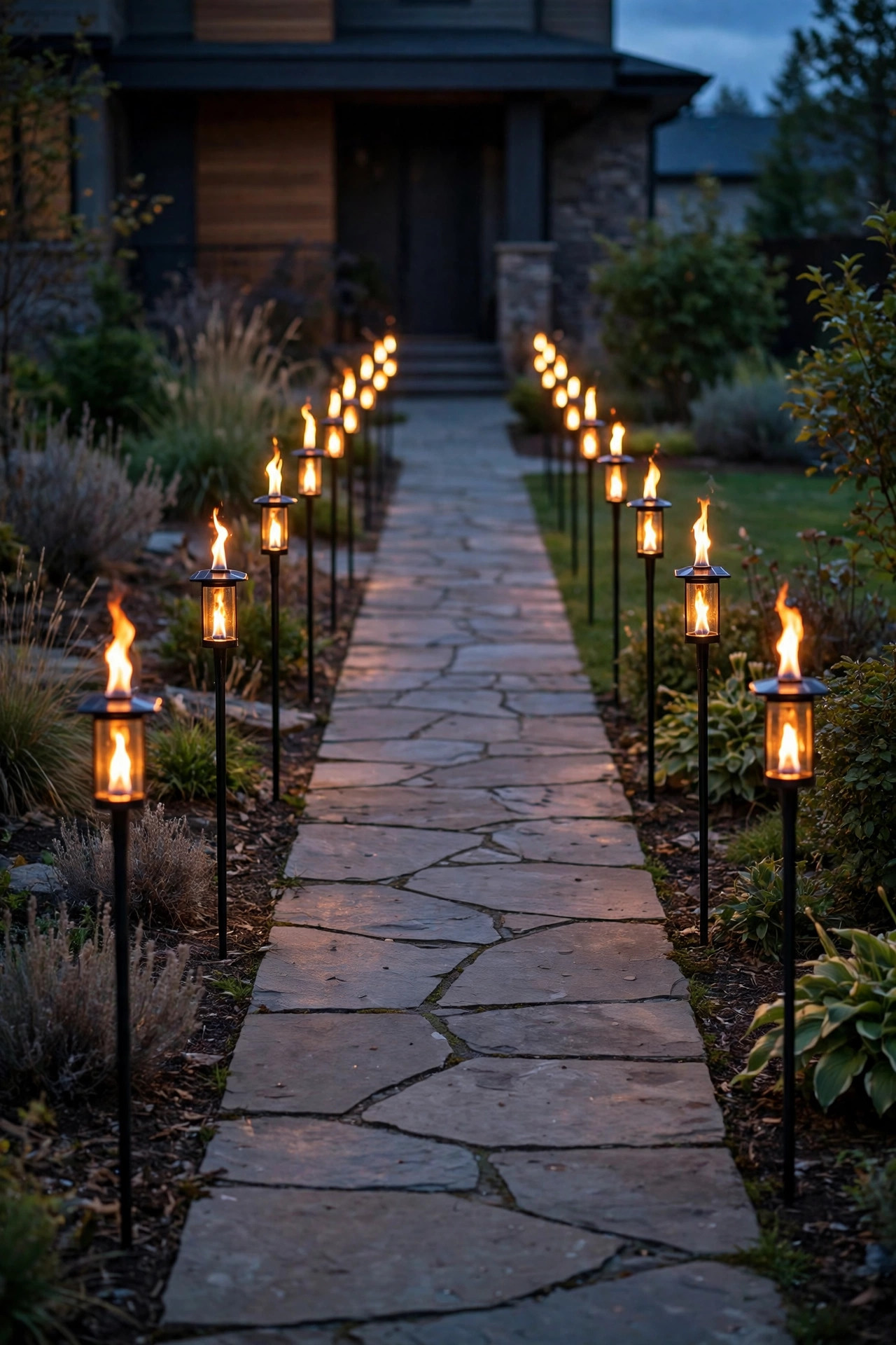 Solar flame torch stakes flickering along both sides of a front walkway at dusk