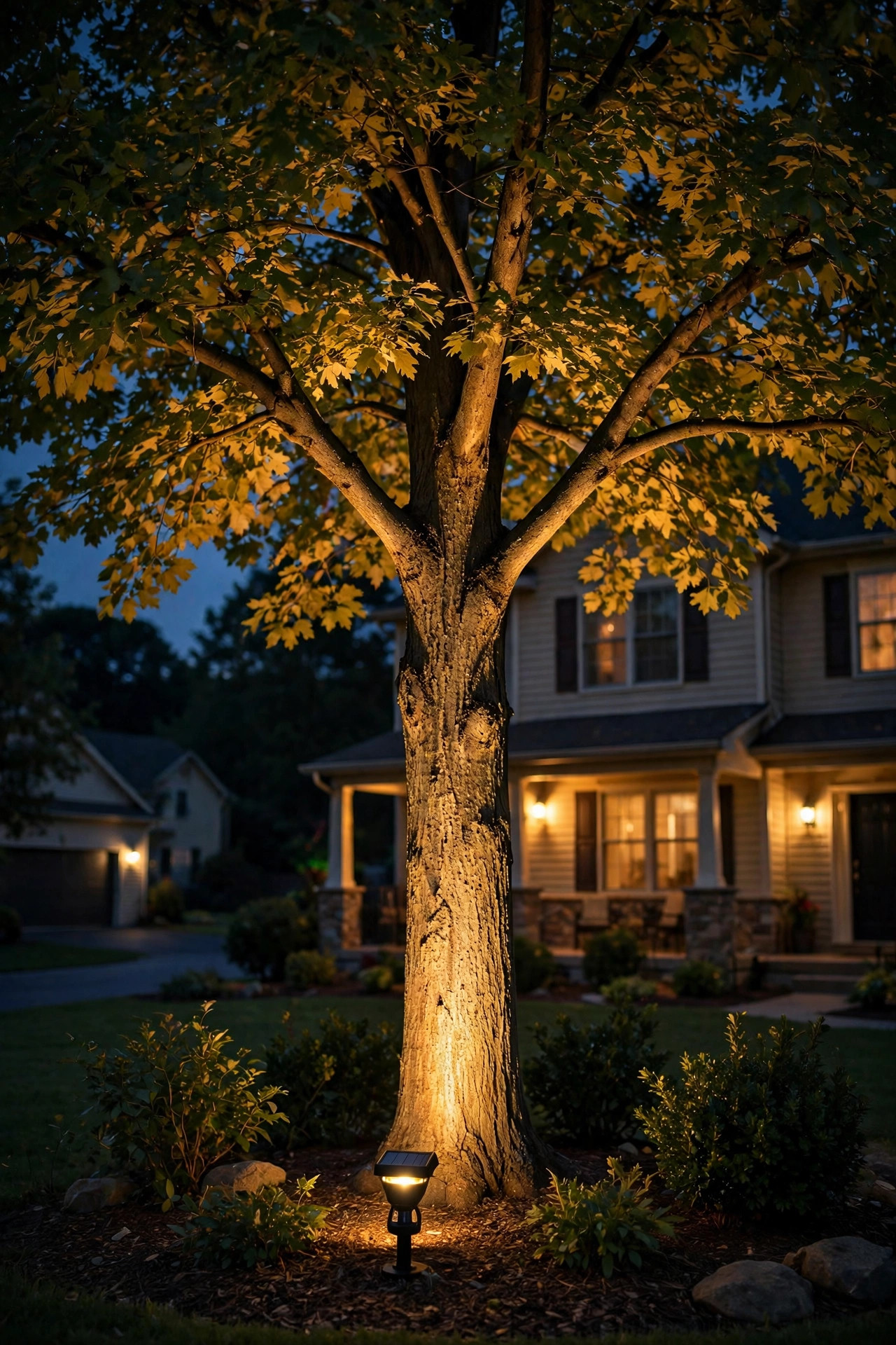 Solar spotlight uplighting a front yard tree trunk and canopy at night