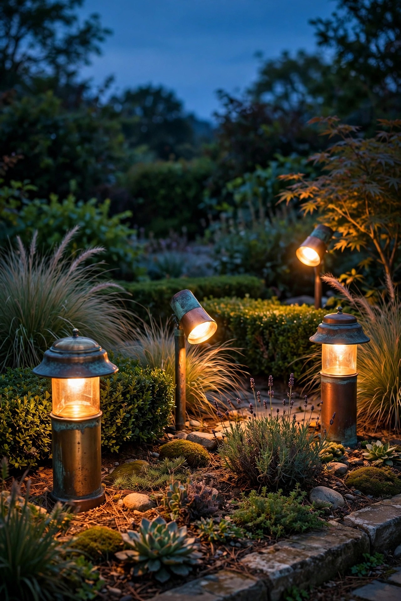 Solid brass and copper outdoor path lights and spotlights with a rich aged patina glowing warmly in a manicured garden bed at dusk