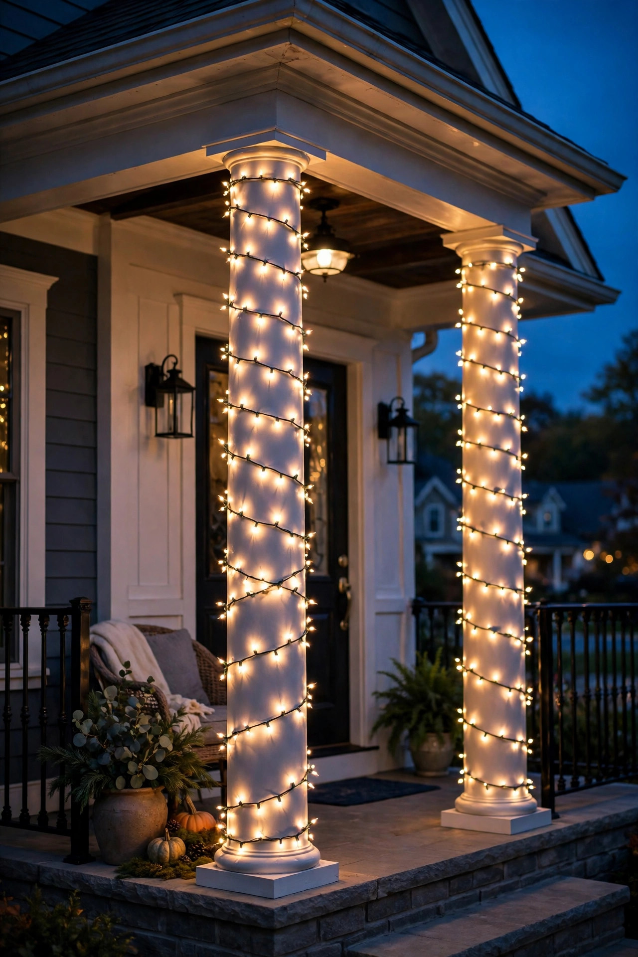 Porch columns wrapped in warm white string lights in even spirals at twilight