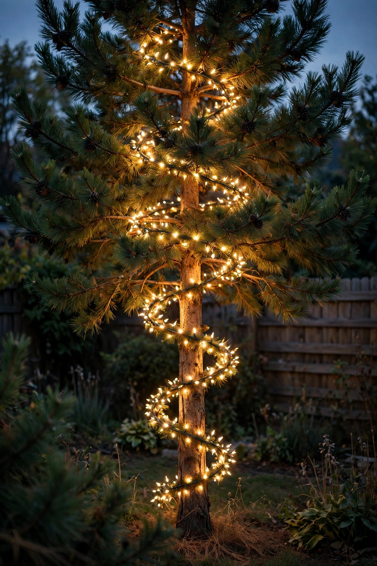 Backyard pine tree spiral-wrapped with warm white LED Christmas lights glowing through deep green branches