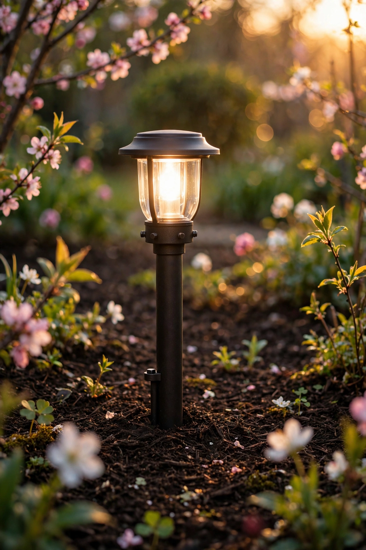 Homeowner straightening a path light and wiping the lens clean in a spring garden at golden hour