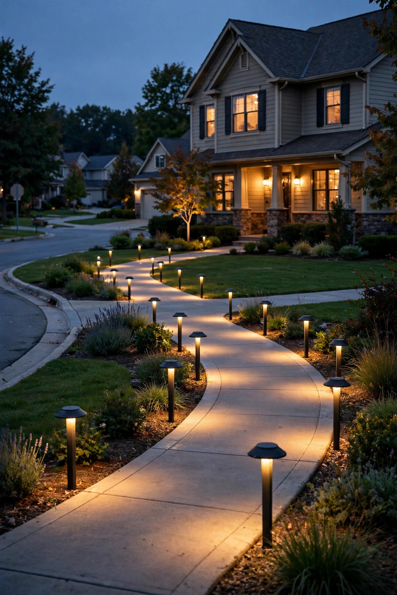 Staggered warm path lights lining a curved front walkway on a corner lot