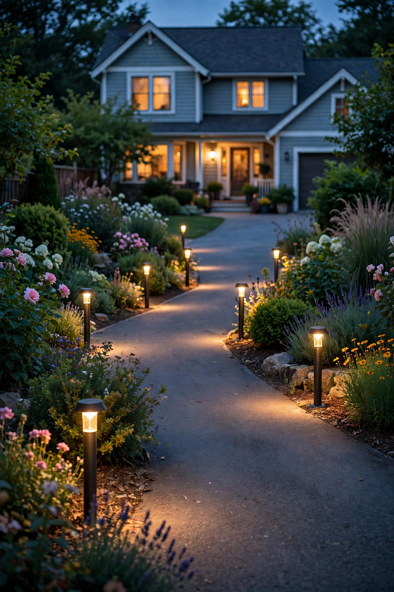 Staggered driveway bollard lights in a zigzag pattern along a garden driveway at dusk