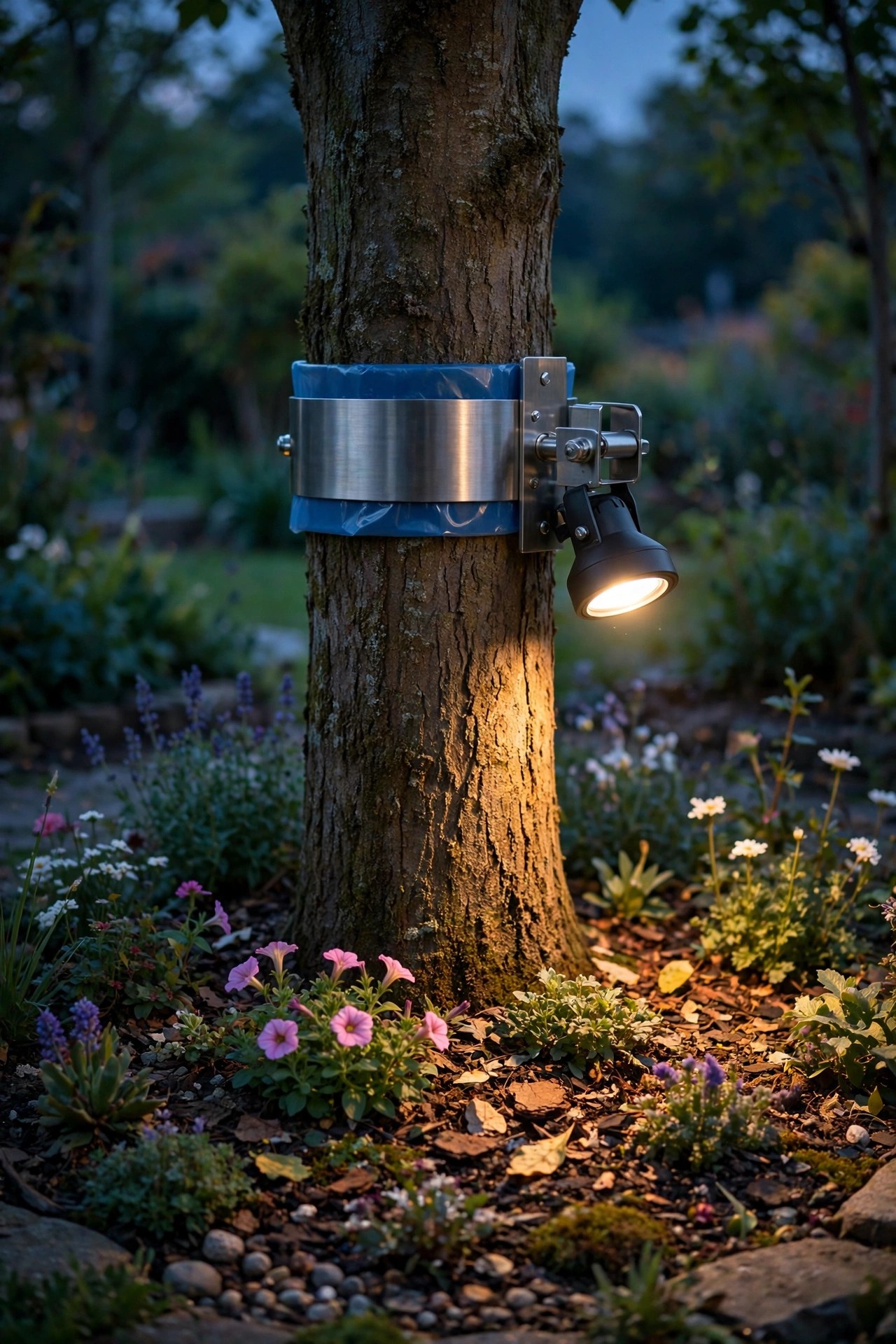 Stainless steel strap with protective liner wrapped around a tree trunk holding a compact downlight over a flower bed at dusk