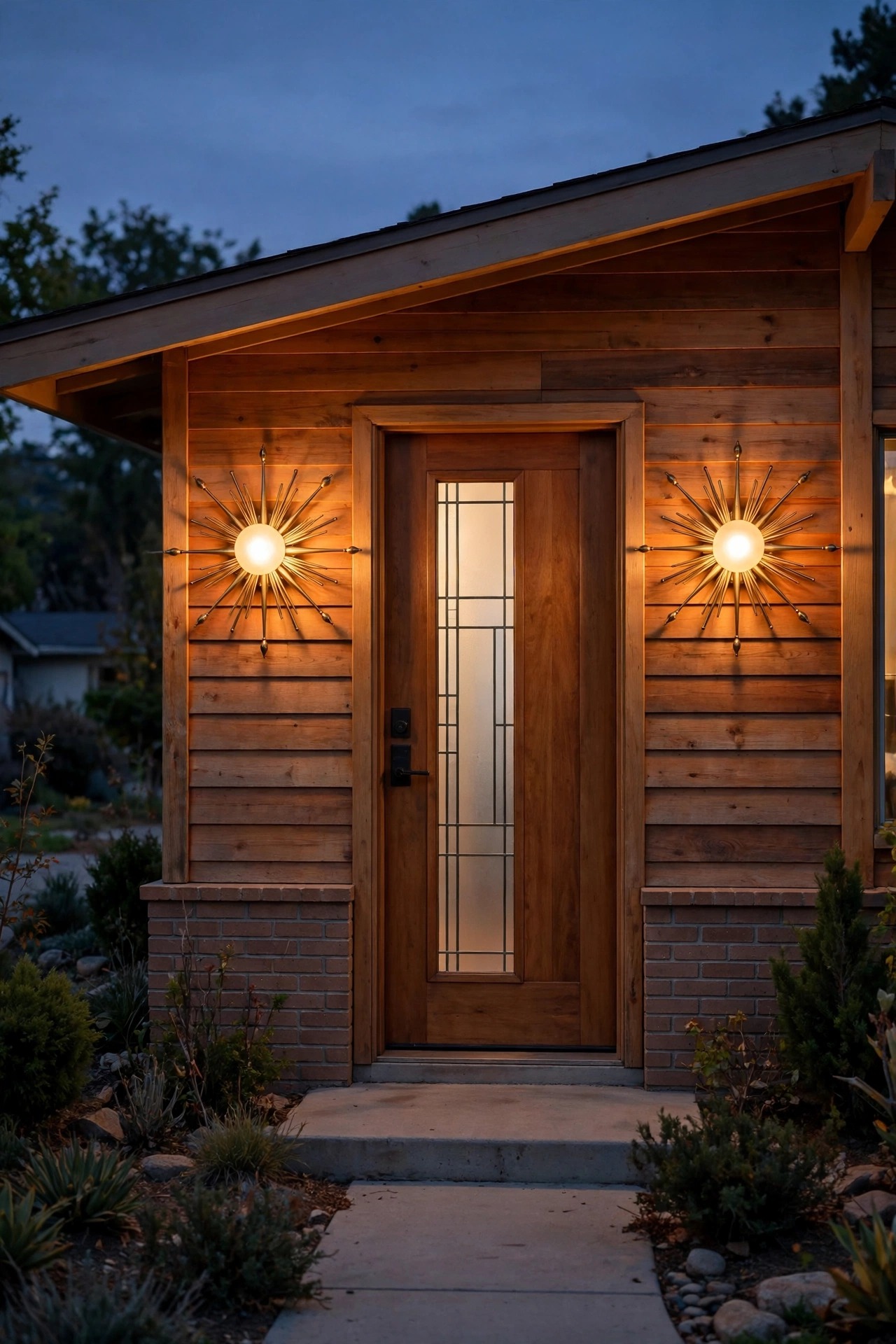 Pair of starburst sconces with warm frosted globes flanking the front door of a mid-century ranch home at dusk
