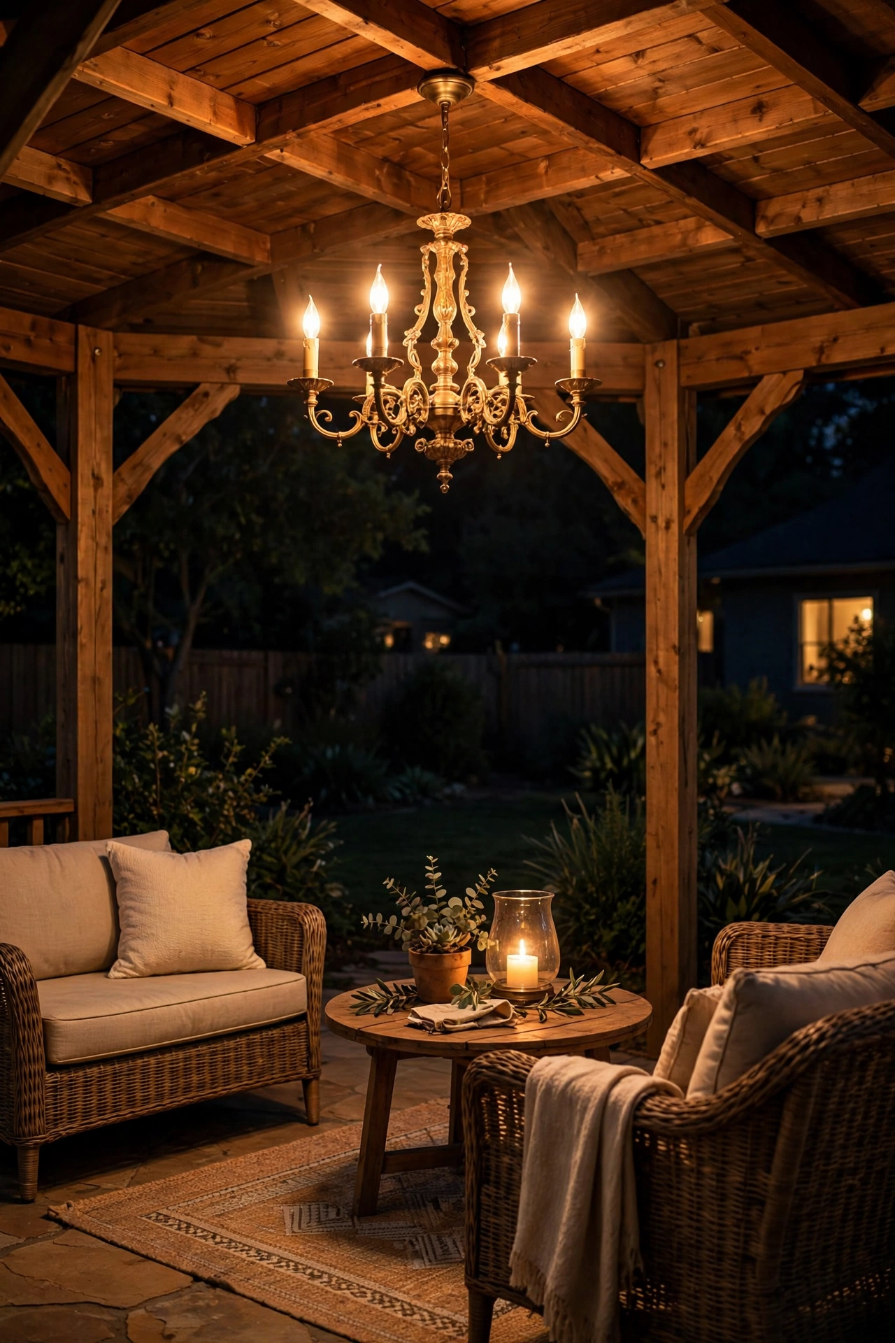 Elegant outdoor chandelier hanging from a gazebo roof as a statement gazebo lighting idea