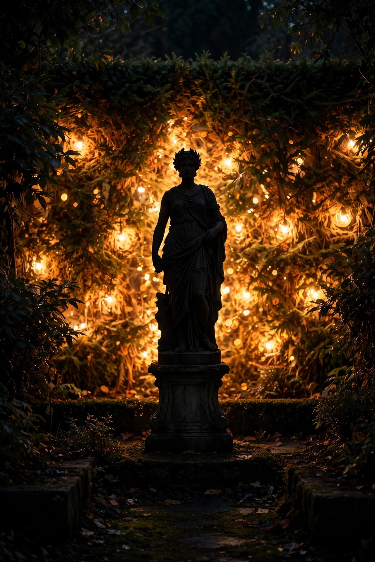 Dark silhouette of a garden statue against a warmly lit hedge at night, dramatic backlit garden focal point