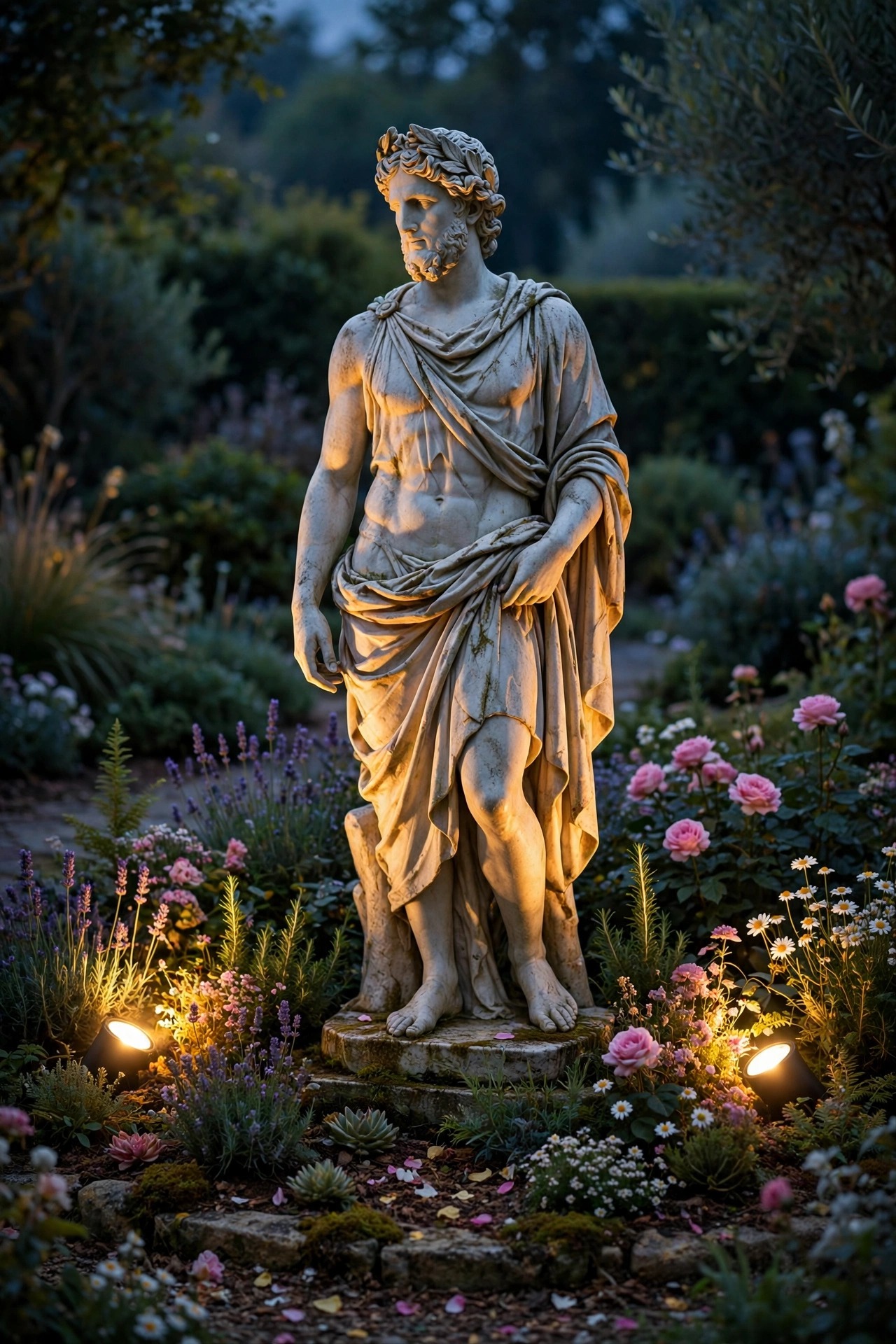 A classical garden statue softly cross-lit by two hidden spotlights at dusk, standing as the elegant focal point of a flower bed with warm light modeling its curves