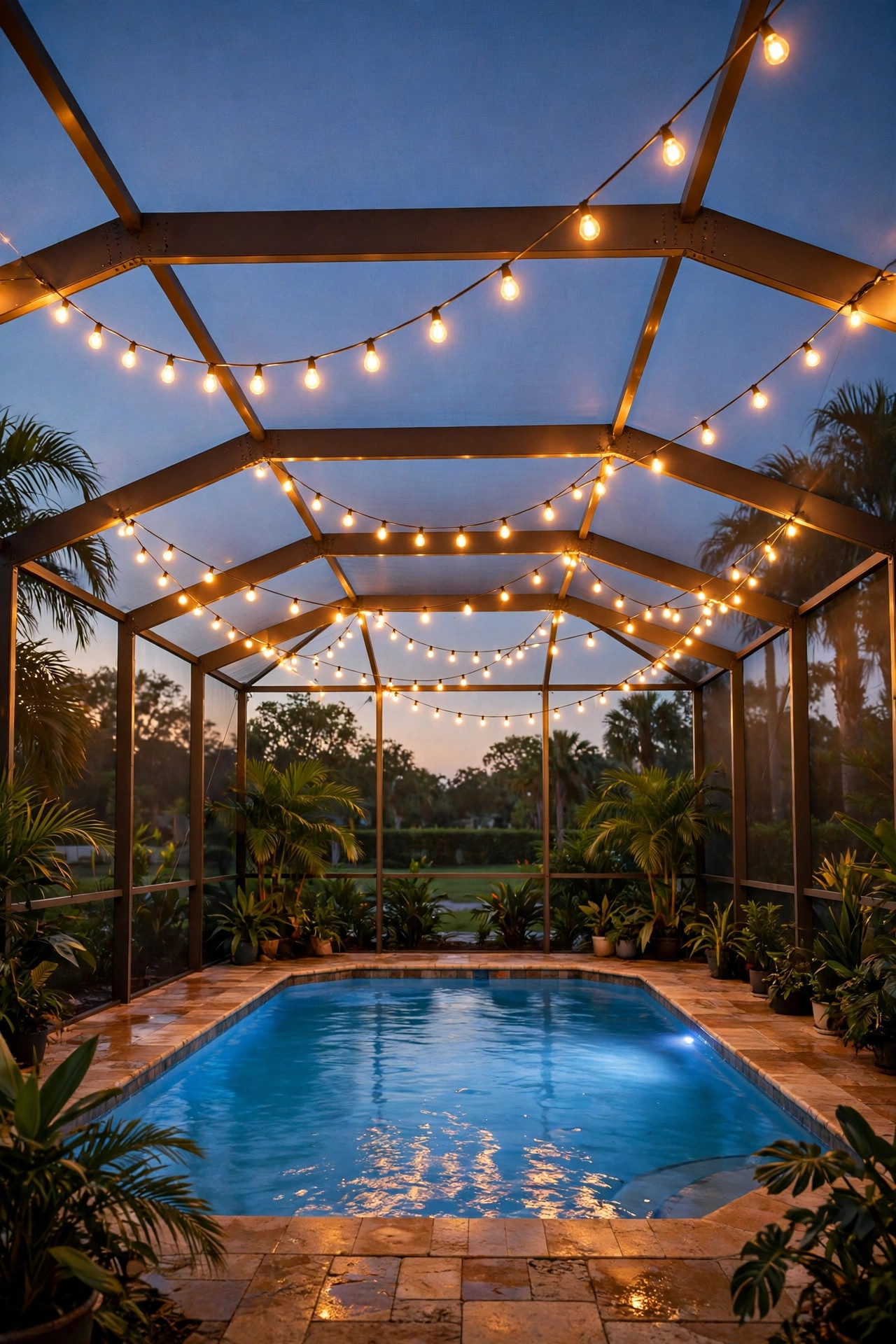 String lights swagged in soft curves across the ceiling frame of a pool cage above a glowing evening pool