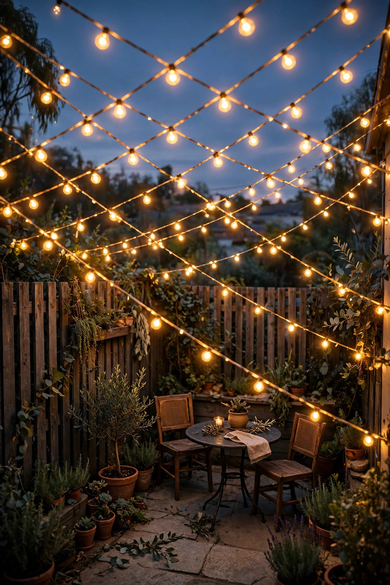 Warm LED string lights crisscrossed diagonally over a small patio at dusk, creating a glowing ceiling that makes the space feel wider