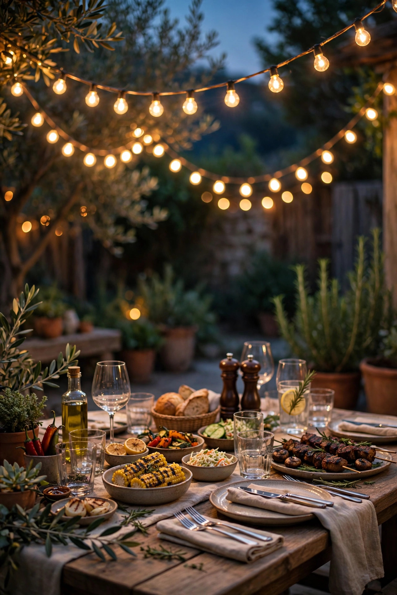 Warm string lights swagged over an outdoor dining table set for a barbecue dinner at dusk
