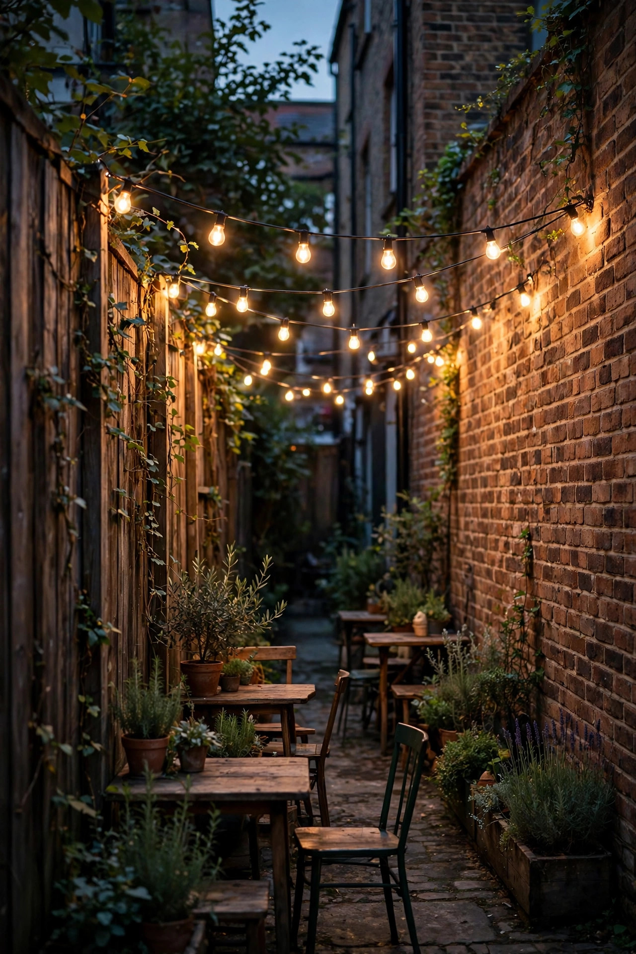 Warm café string lights spanning a narrow urban backyard from fence to brick wall at dusk