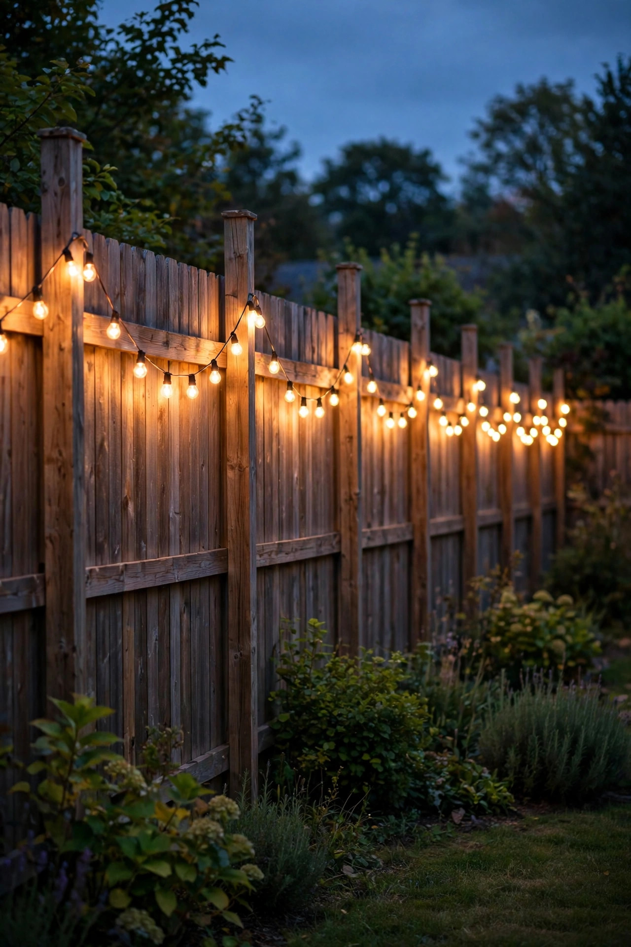 Warm string lights swagged evenly from post to post along a long wooden backyard fence at twilight